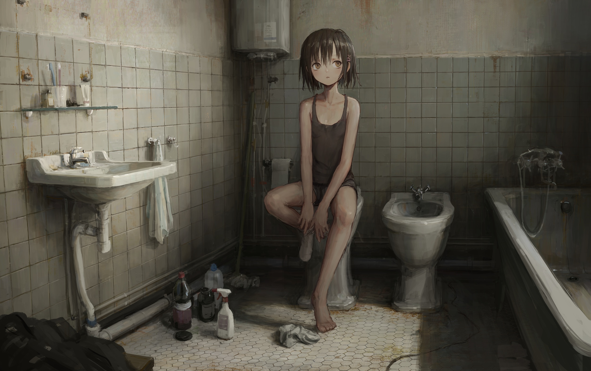 Anime 2500x1571 bathroom looking away socks apartments original characters anime girls