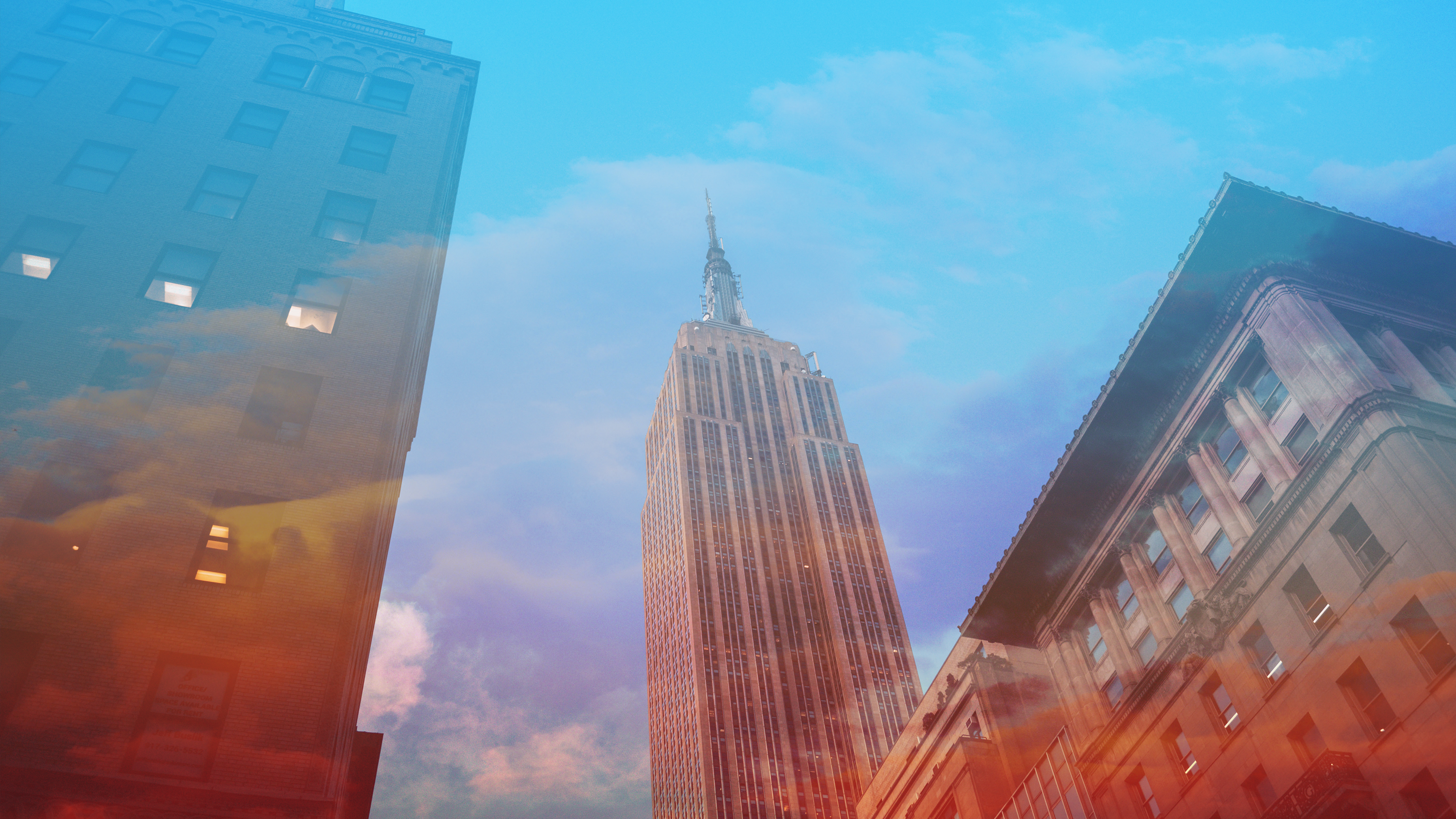 General 3840x2160 New York City USA clouds Empire State Building double exposure blue soft gradient  photoshopped cyan orange low-angle