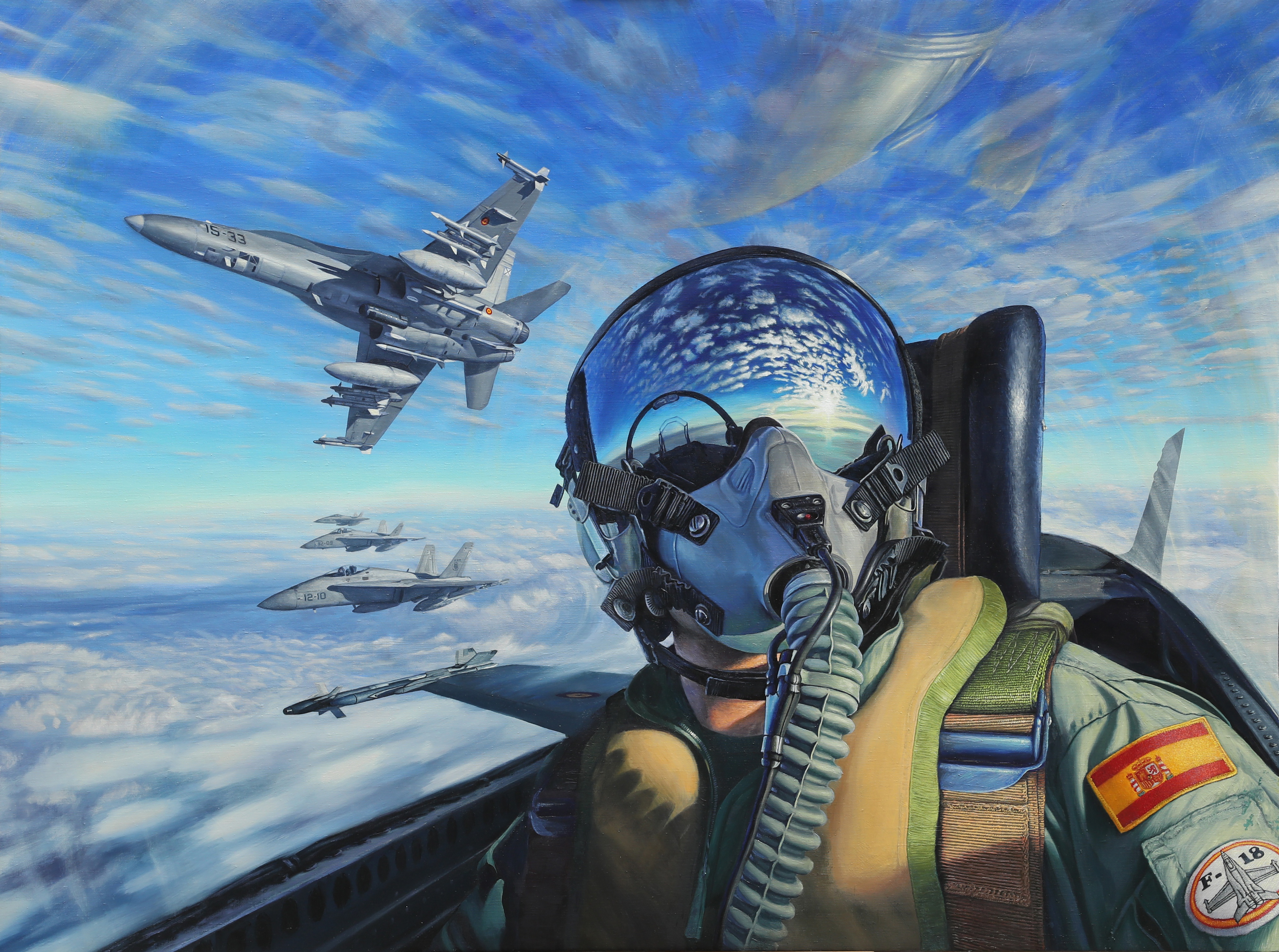 General 4116x3064 military military aircraft Spain flag artwork pilot helmet clouds cockpit flying painting reflection aircraft McDonnell Douglas F/A-18 Hornet Spanish Air Force fighter pilot outfit flight helmet selfies jet fighter