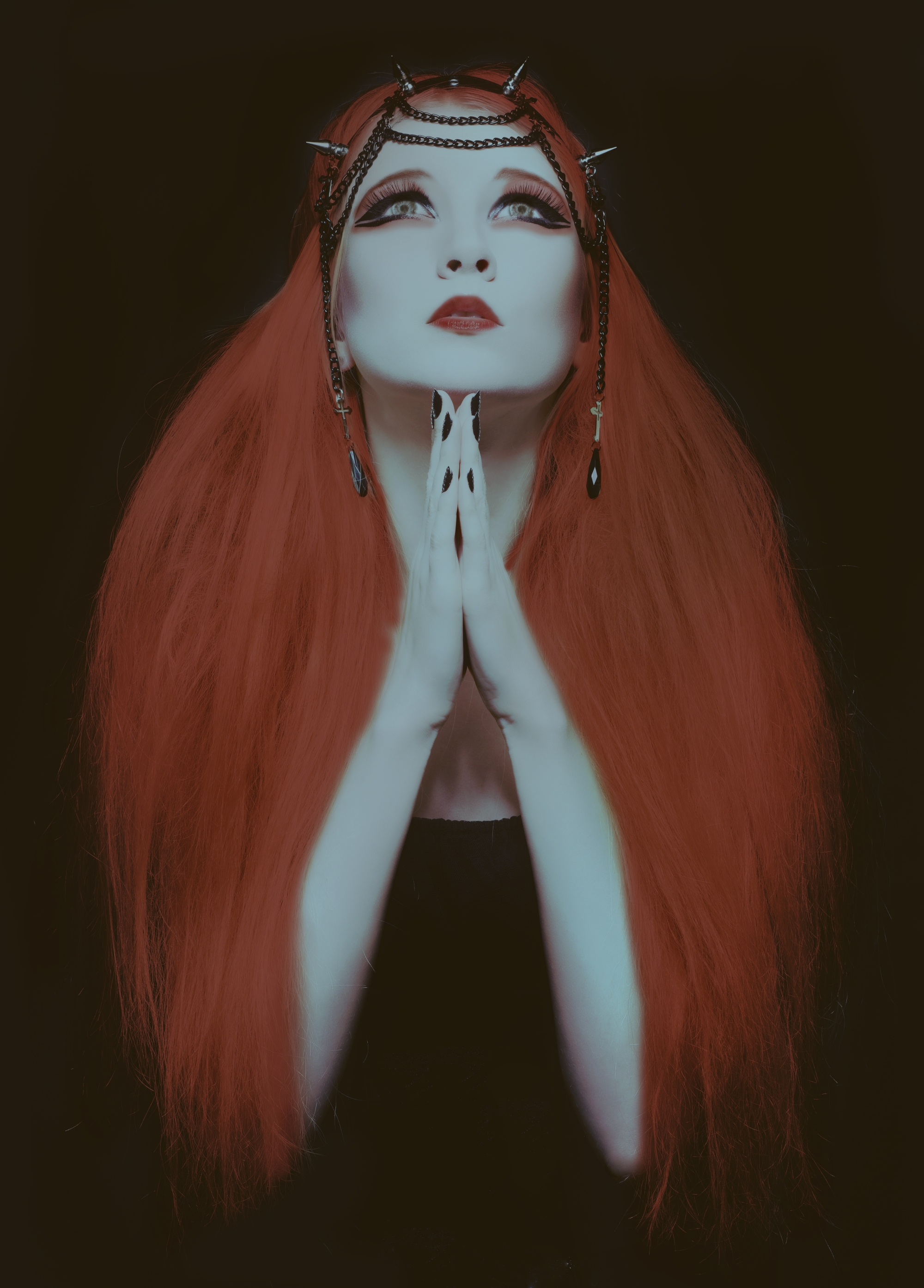 People 2000x2788 women redhead alternative subculture simple background gothic portrait display praying goths looking up black nails painted nails long hair