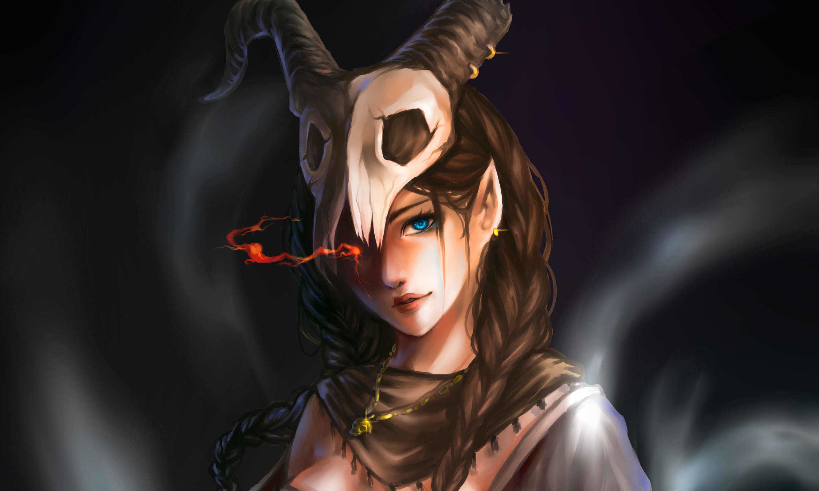 General 2834x1702 elves women pointy ears skull horns blue eyes magic pendant artwork fantasy art fantasy girl digital art