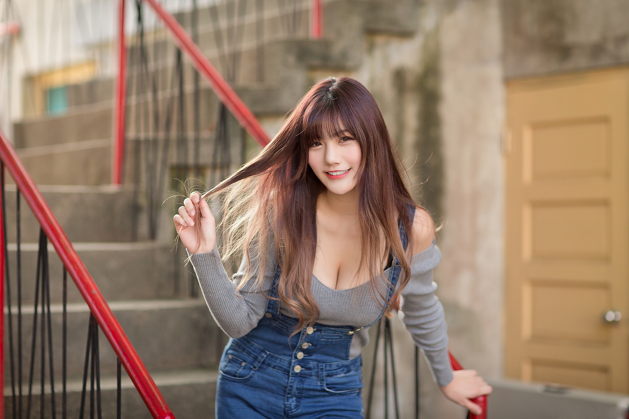 People 2048x1365 Asian women brunette long hair big boobs cleavage overalls grey tops hair pulling bangs smiling