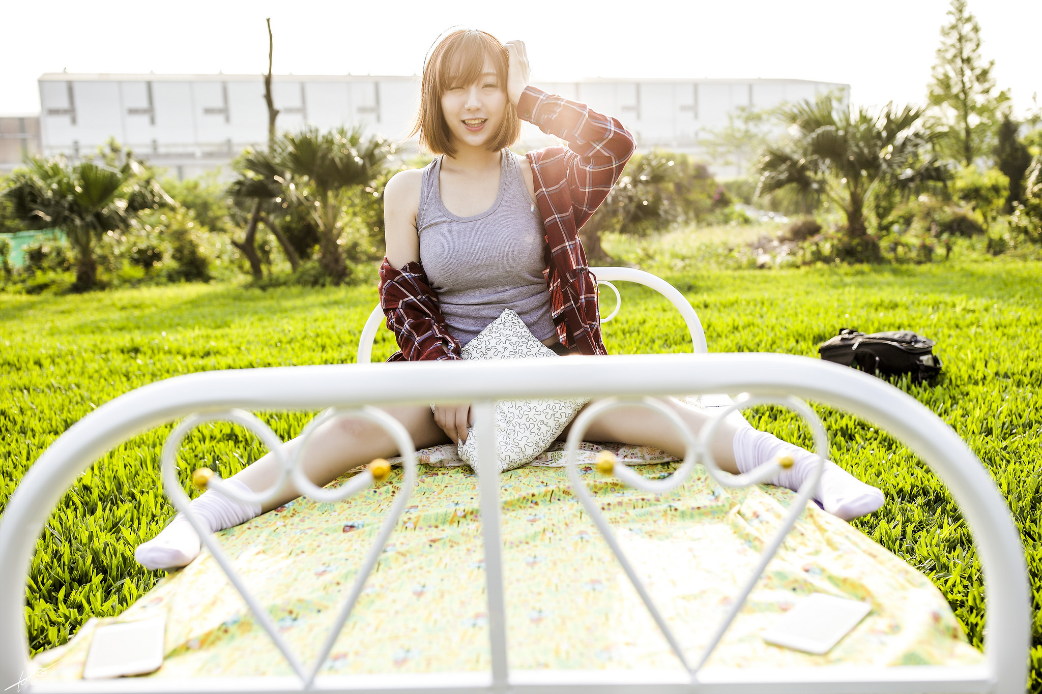 People 2048x1365 women model Asian brunette looking at viewer sitting socks tank top short hair hands on head open shirt in bed smiling women outdoors slouch socks white socks pointed toes spread legs grass
