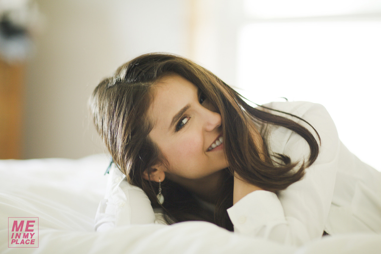 People 1280x854 Nina Dobrev women actress model brunette long hair in bed bedroom lying down smiling Bulgarian celebrity