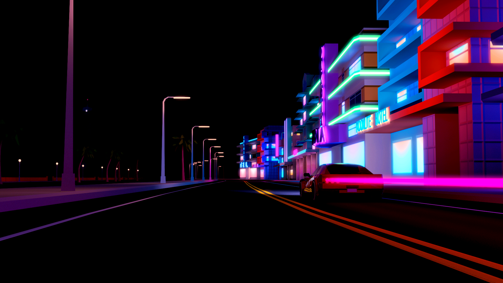 General 1920x1080 vaporwave car vehicle neon digital art artwork city night street