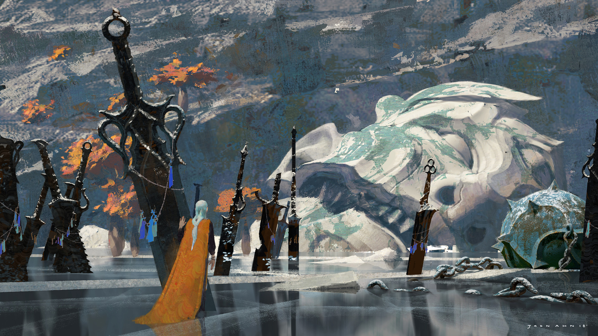 General 1920x1080 Joon Ahn digital art fantasy art sword frozen lake statue artwork lance