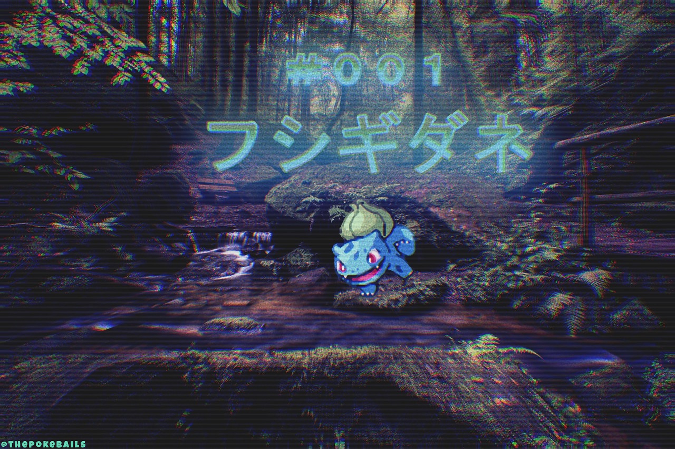 Anime 2560x1704 Pokémon Bulbasaur vaporwave forest stream nature landscape trees moss Pokémon Go Japanese katakana anime