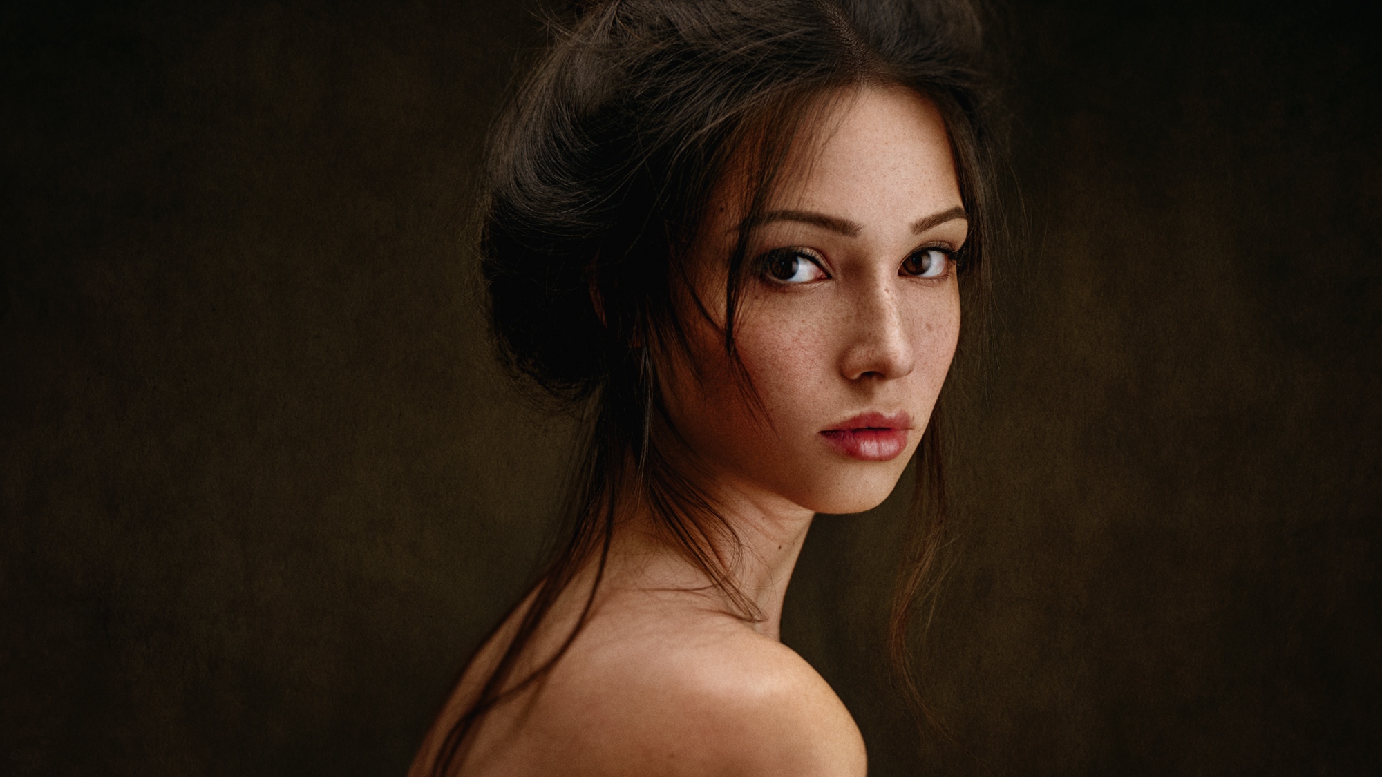 People 2000x1125 face women model portrait Mariya Volokh brunette freckles dark eyes studio bare shoulders simple background implied nude sensual gaze