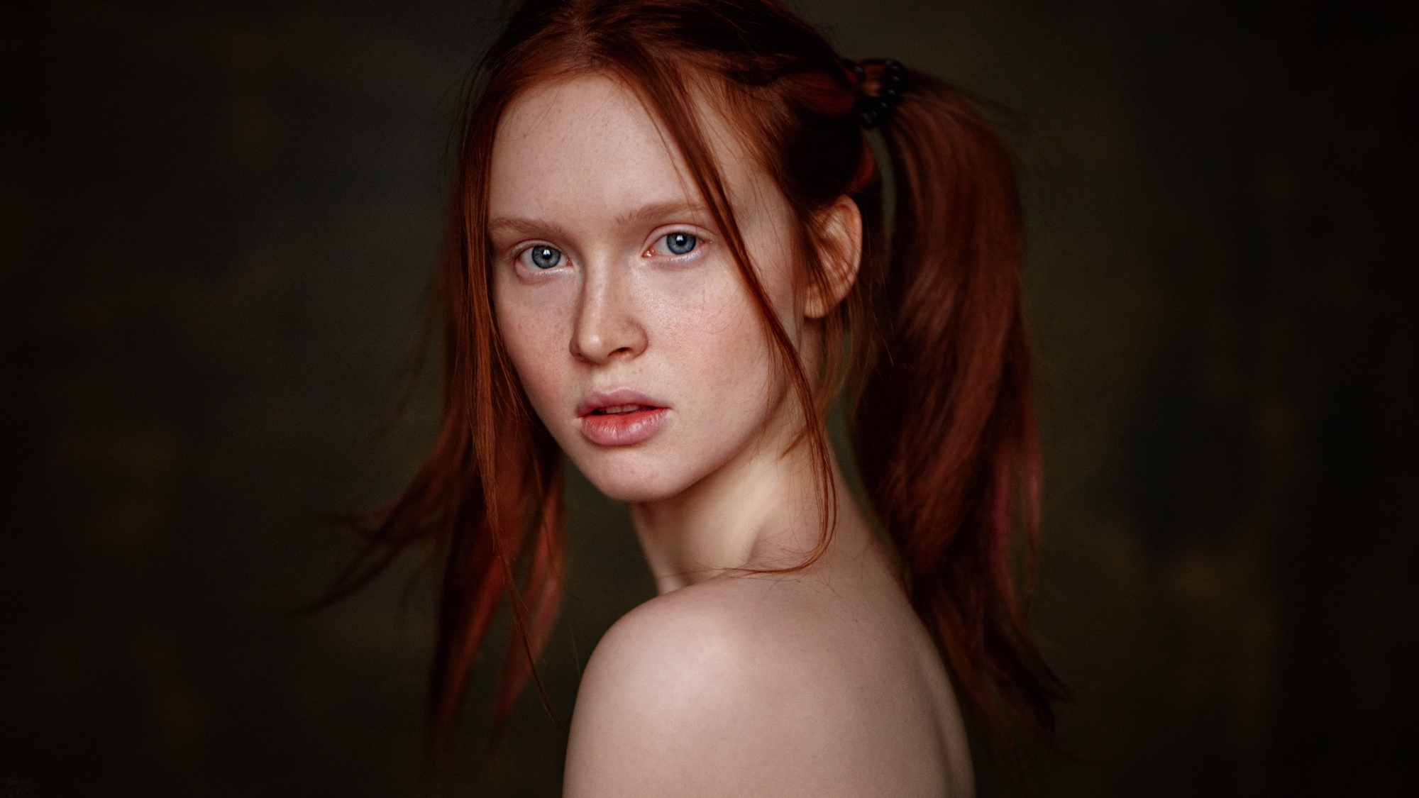 People 2000x1125 Arina Bikbulatova women redhead model twintails closeup portrait face looking at viewer parted lips bare shoulders bokeh brown background simple background Georgy Chernyadyev