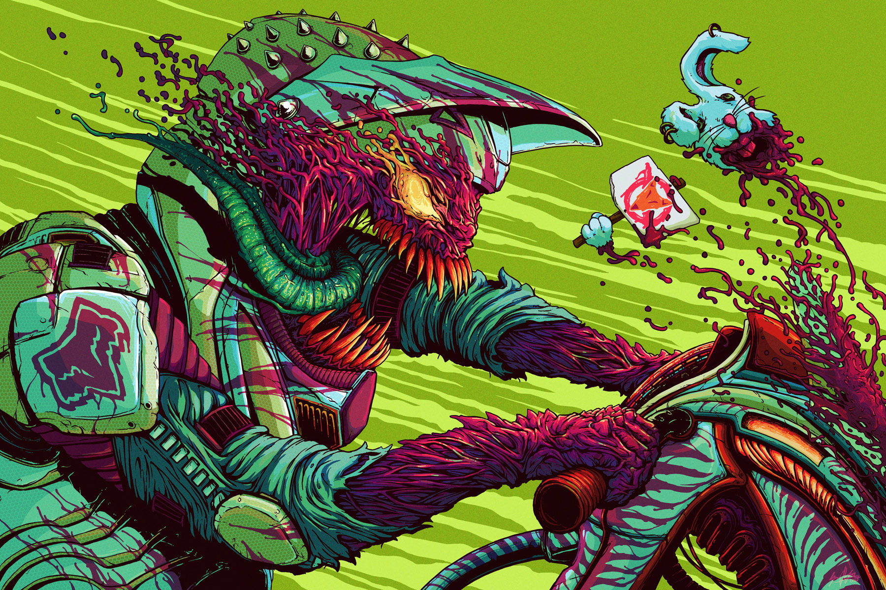 General 1800x1200 Brock Hofer digital art artwork creature gore fictional creatures biker green background green