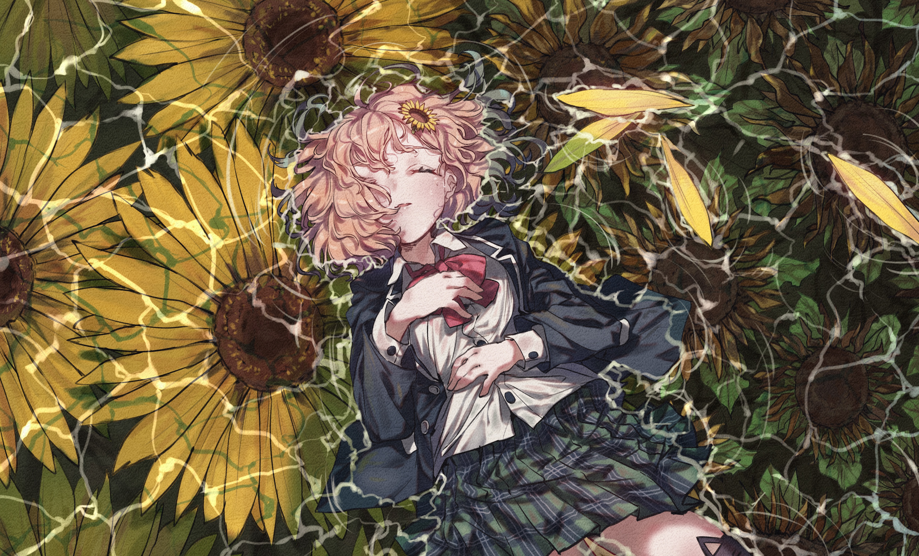 Anime 3646x2205 anime anime girls sunflowers top view