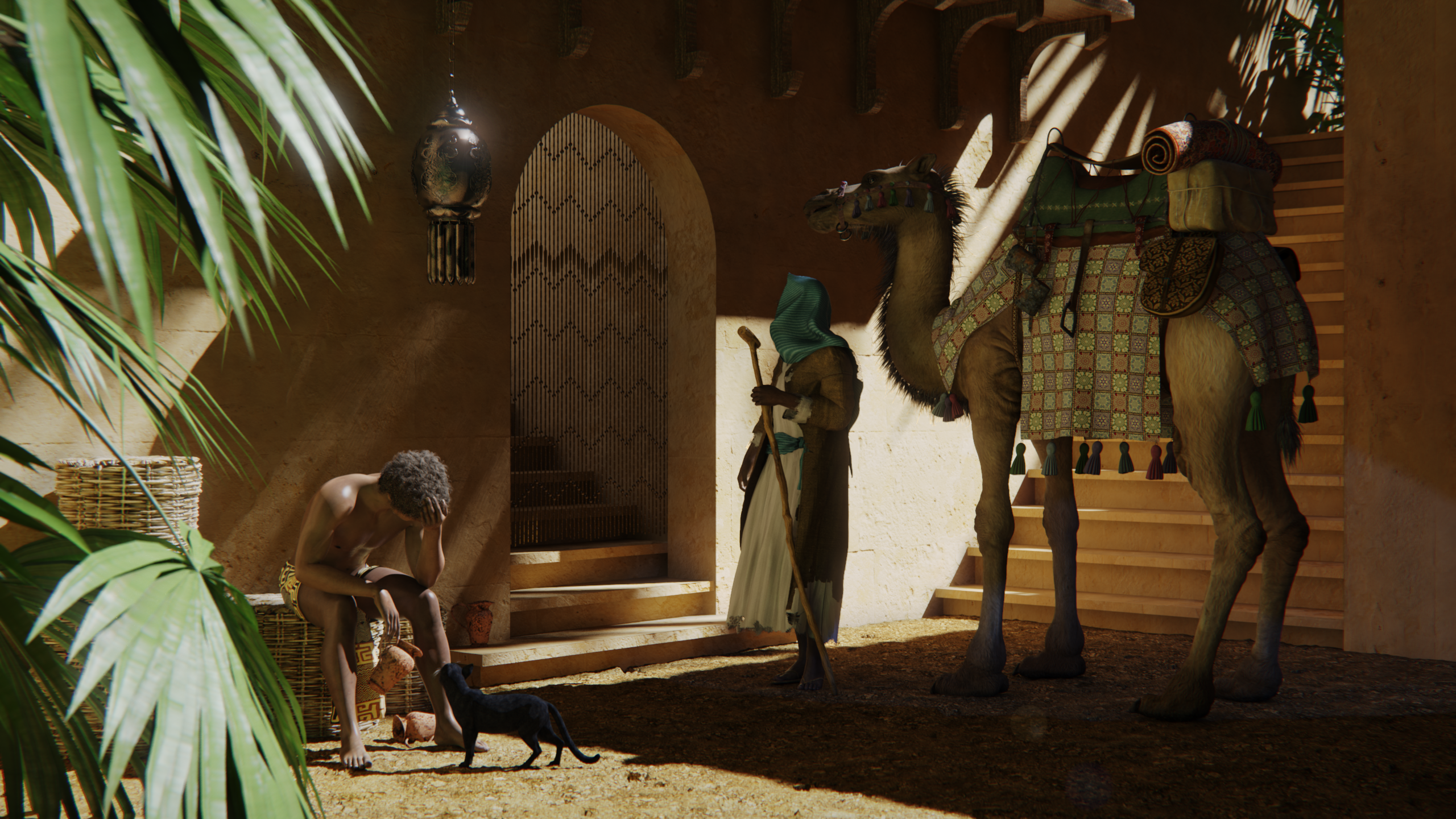 General 2560x1440 camels stairs palm trees plants cats robes CGI digital art shadow