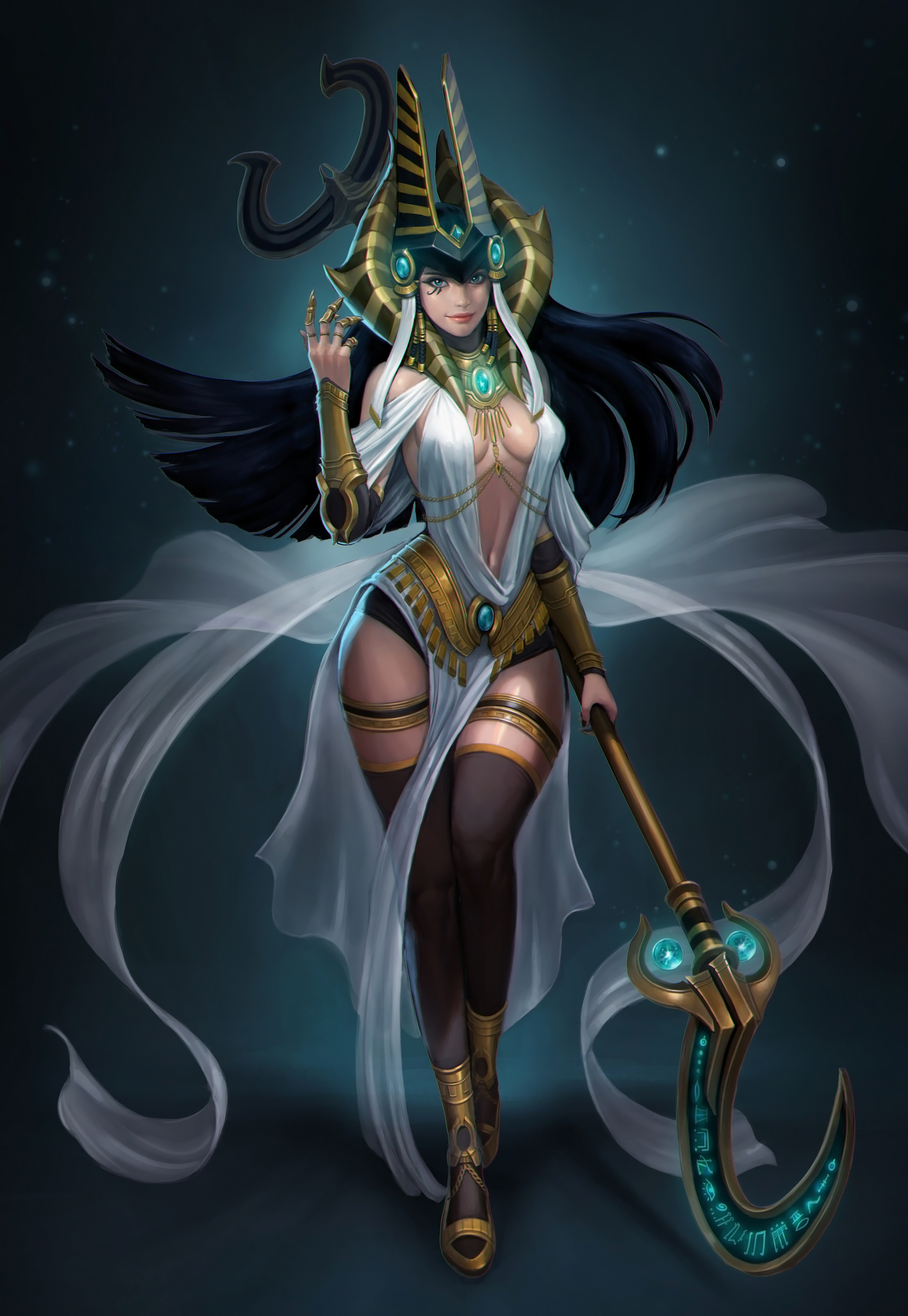 General 1920x2782 Hyungseok Yang drawing women Egyptian crown hair accessories dark hair long hair blue eyes looking at viewer smiling face paint skimpy clothes cleavage straps thigh-highs magician spell glowing staff blue light oriental