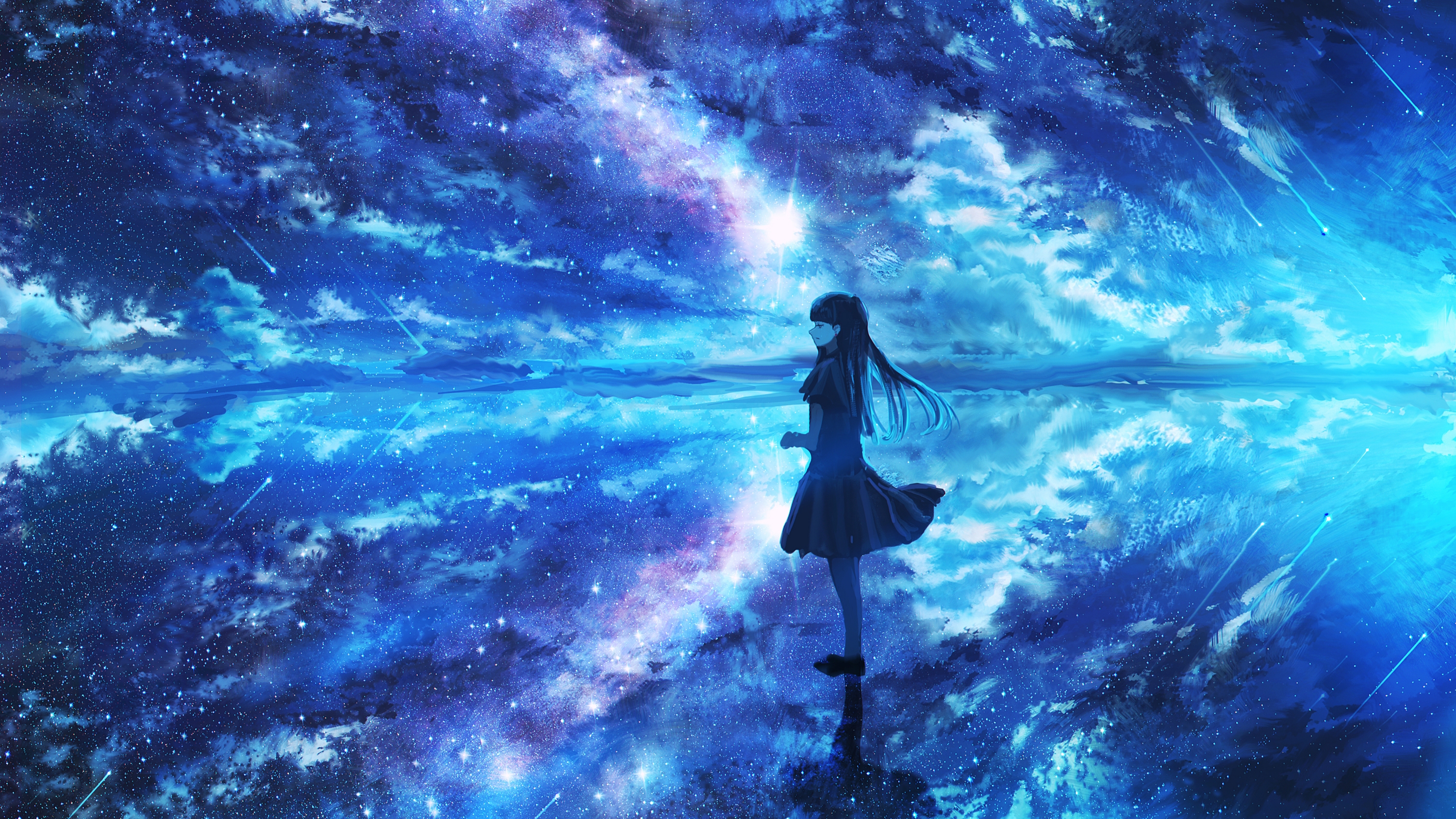 Anime 3000x1688 anime fantasy girl digital art artwork illustration fantasy art galaxy universe stars starry night starred sky sky skyscape reflection clouds environment dreamscape blue concept art night night sky