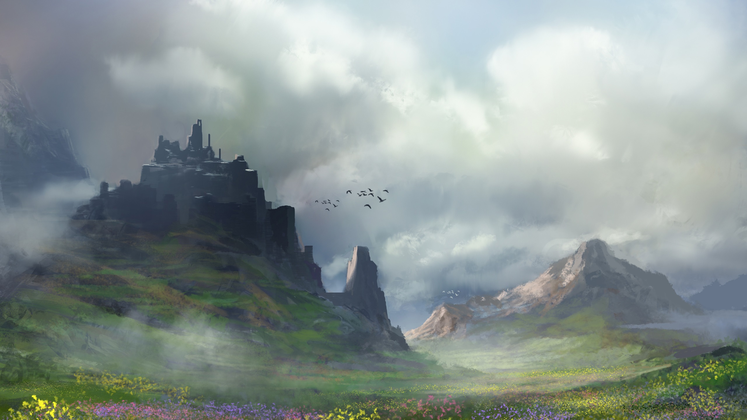 General 2560x1440 painting nature rocks clouds birds grass flowers daylight landscape mountains