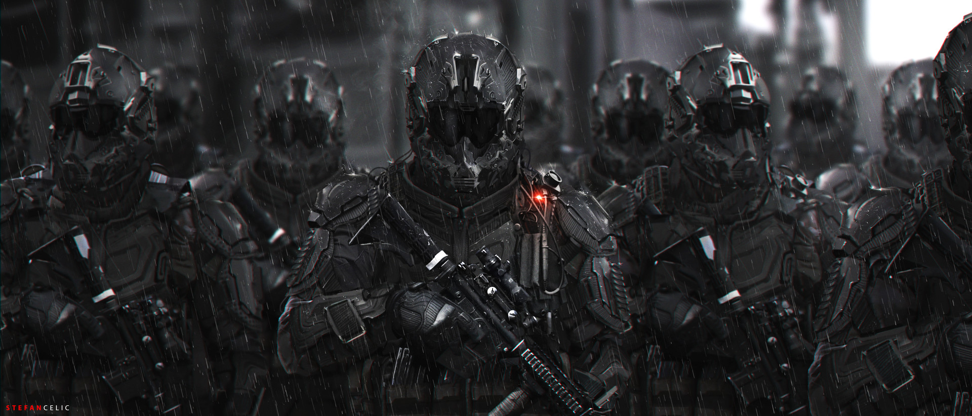General 1920x823 digital art science fiction soldier weapon futuristic Stefan Celic Elite frontal view