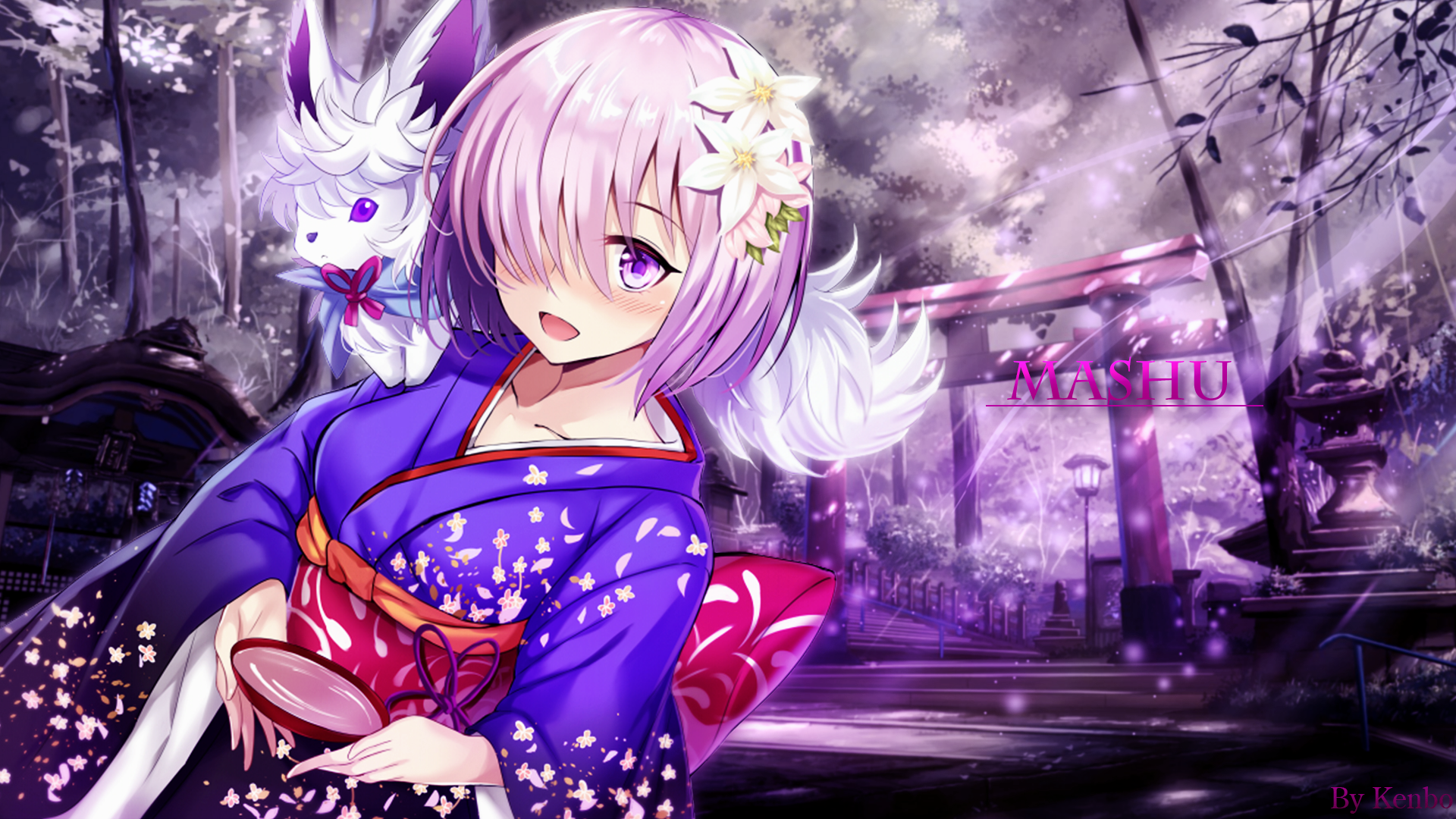 Anime 1920x1080 kimono anime anime girls temple purple hair purple eyes Mash Kyrielight Fate/Grand Order Fou (Fate/Grand Order)