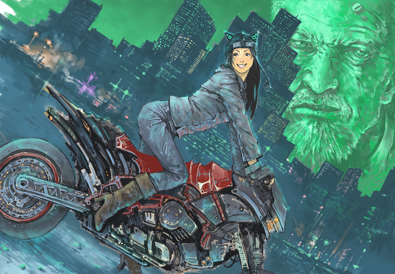 Anime 1300x900 anime girls anime motorcycle smiling vehicle side view