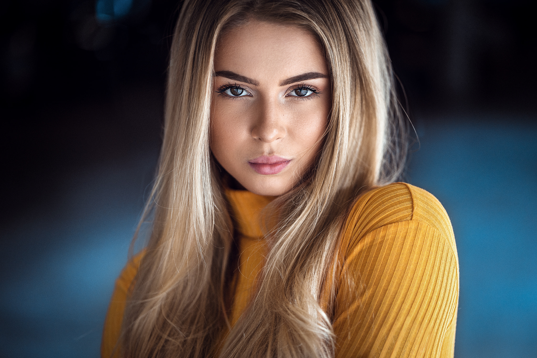 People 2048x1365 women portrait blonde pink lipstick turtlenecks long hair