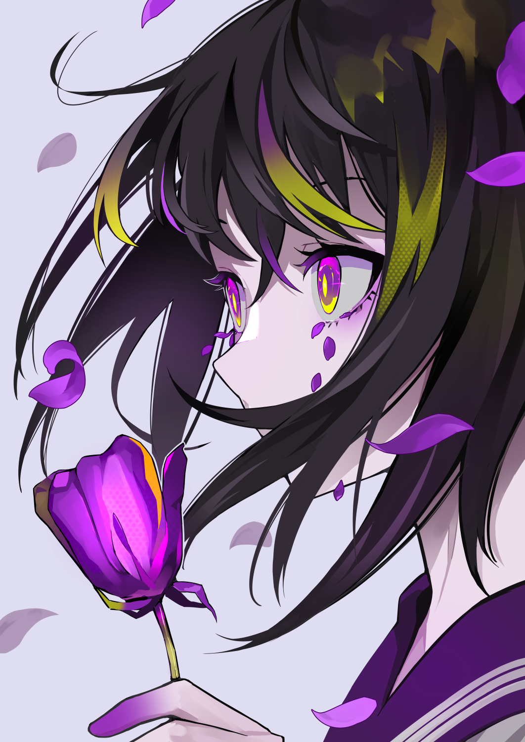 Anime 1062x1500 anime girls original characters dark hair purple eyes flowers petals crying profile hair in face white background simple background artwork digital art illustration drawing 2D portrait display LAM anime