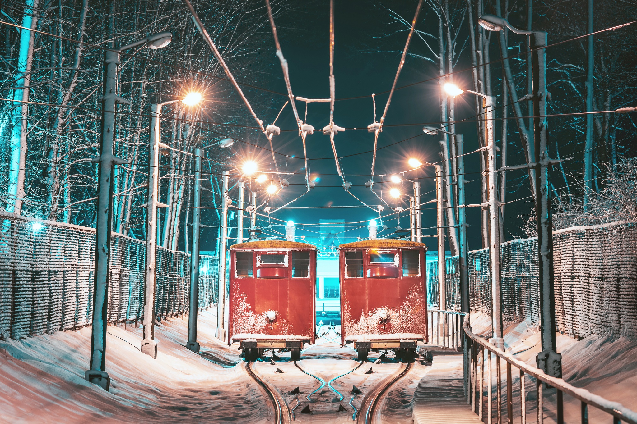 General 2048x1365 Kaunas city night vehicle winter lantern snow cyan Lithuania funicular