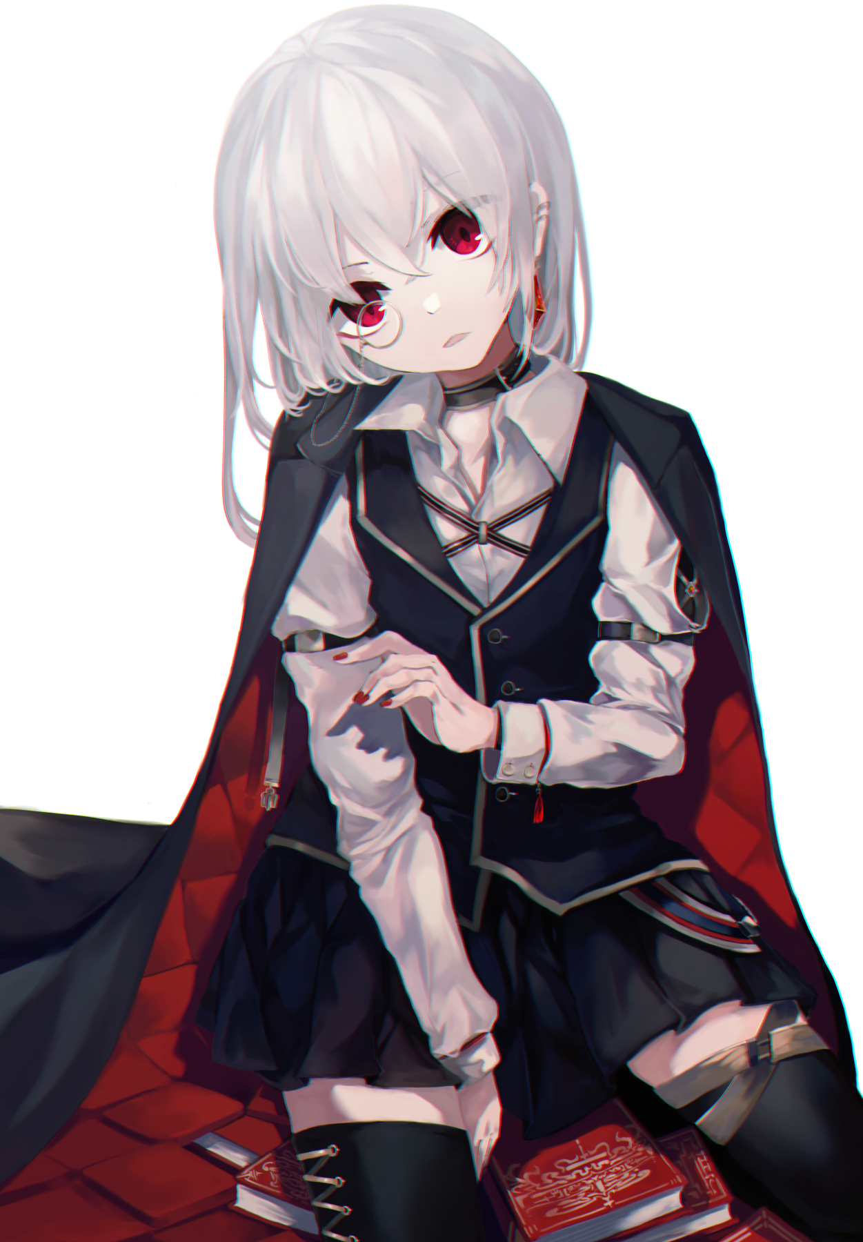 Anime 1251x1800 anime anime girls red eyes white hair painted nails simple background