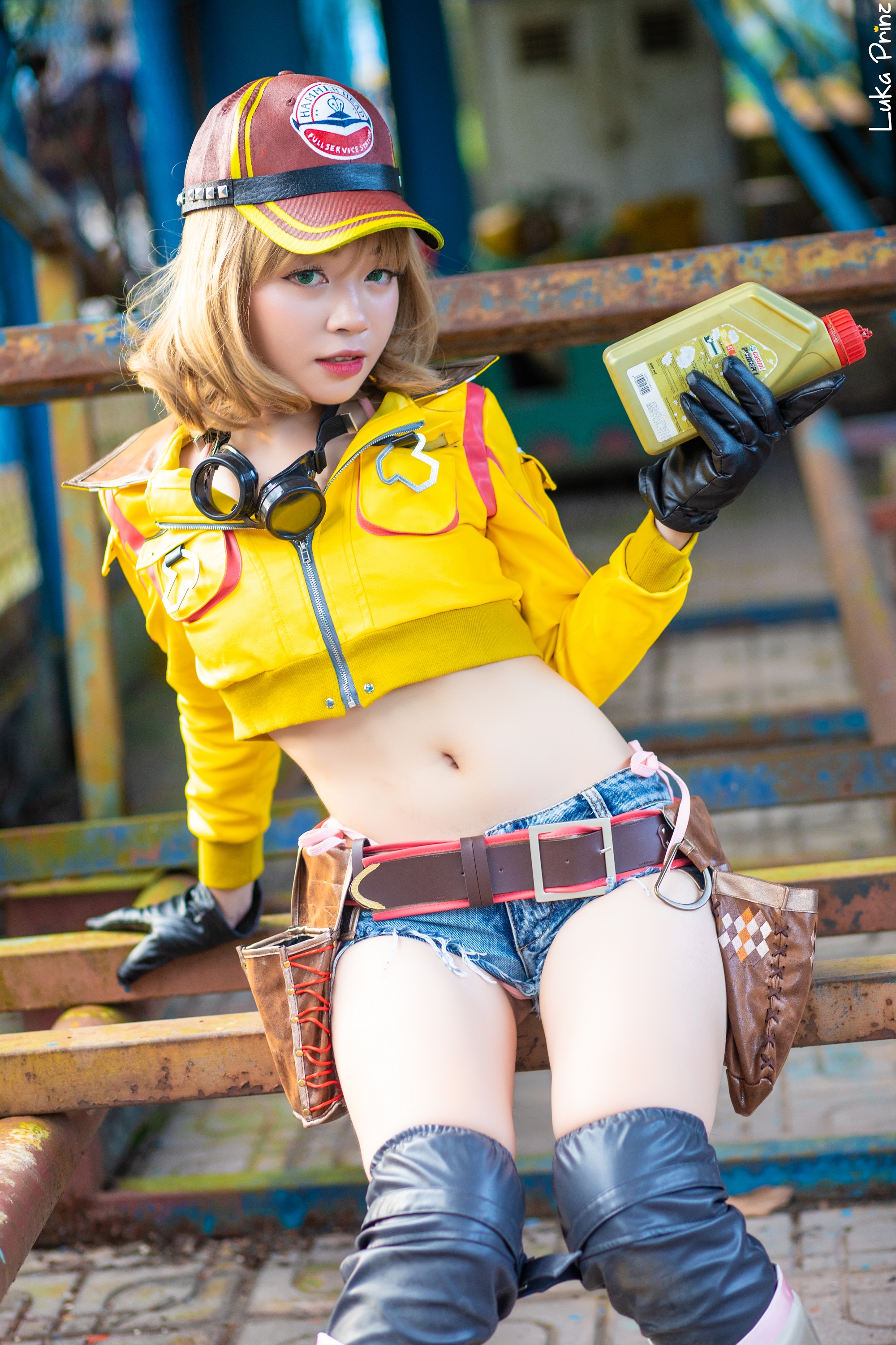 People 2000x3000 Asian women model blonde cosplay asian cosplayer Final Fantasy Final Fantasy XV video game girls video games baseball cap goggles jacket yellow jacket jean shorts high waisted shorts gloves belly belt knee-high boots looking at viewer women outdoors sitting portrait display Cindy Aurum