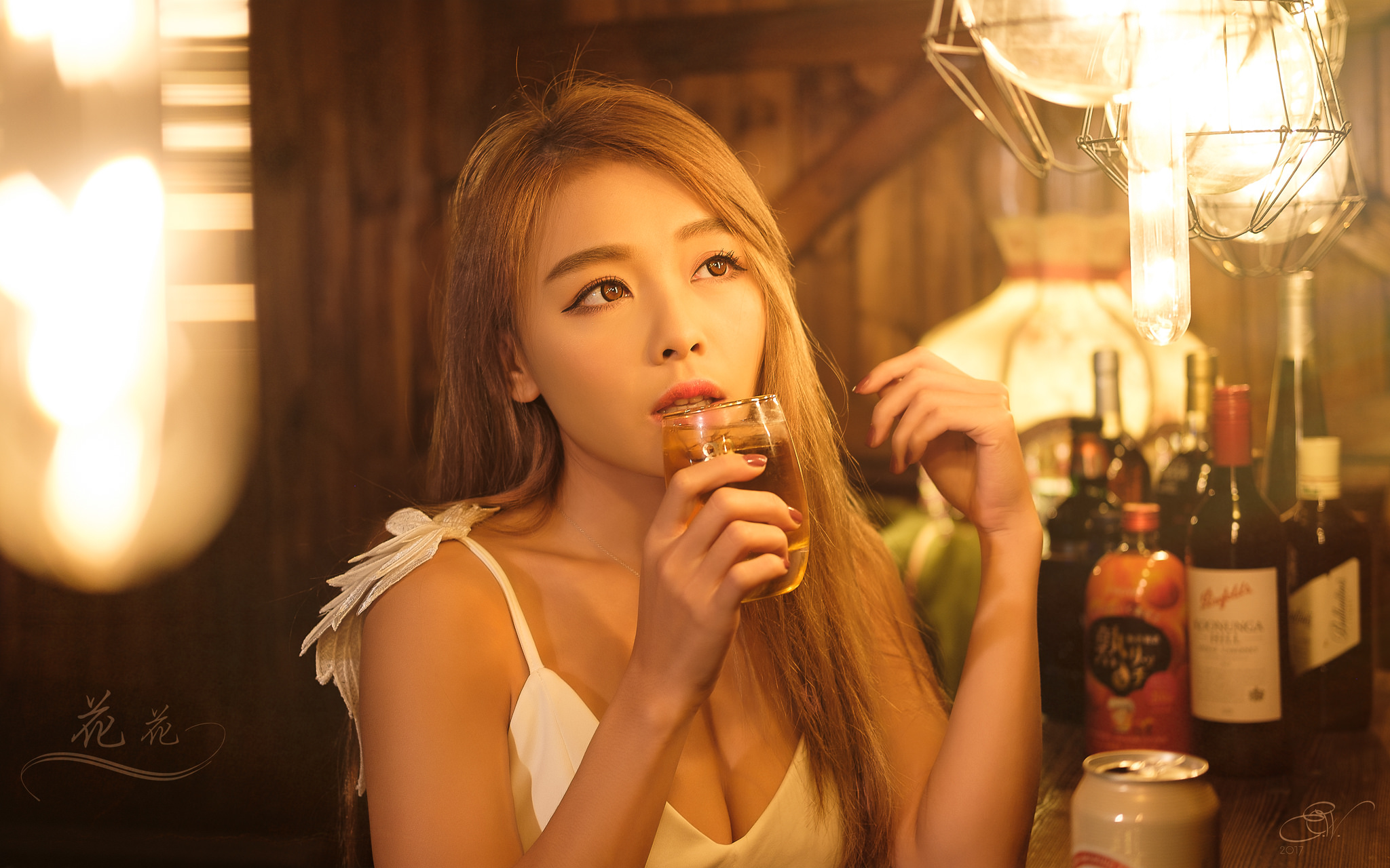 People 2048x1280 women model Asian looking up brunette long hair eyeliner portrait indoors dress white dress bar alcohol drinking glass can bottles lights light bulb bokeh painted nails women indoors cleavage