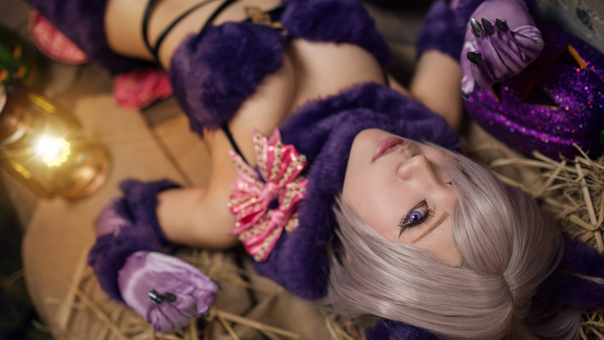 People 1920x1080 women model looking at viewer cosplay blonde boobs purple clothing purple bra fake iris ash blonde purple eyes hair in face 煙-HedY | FB@misshedy