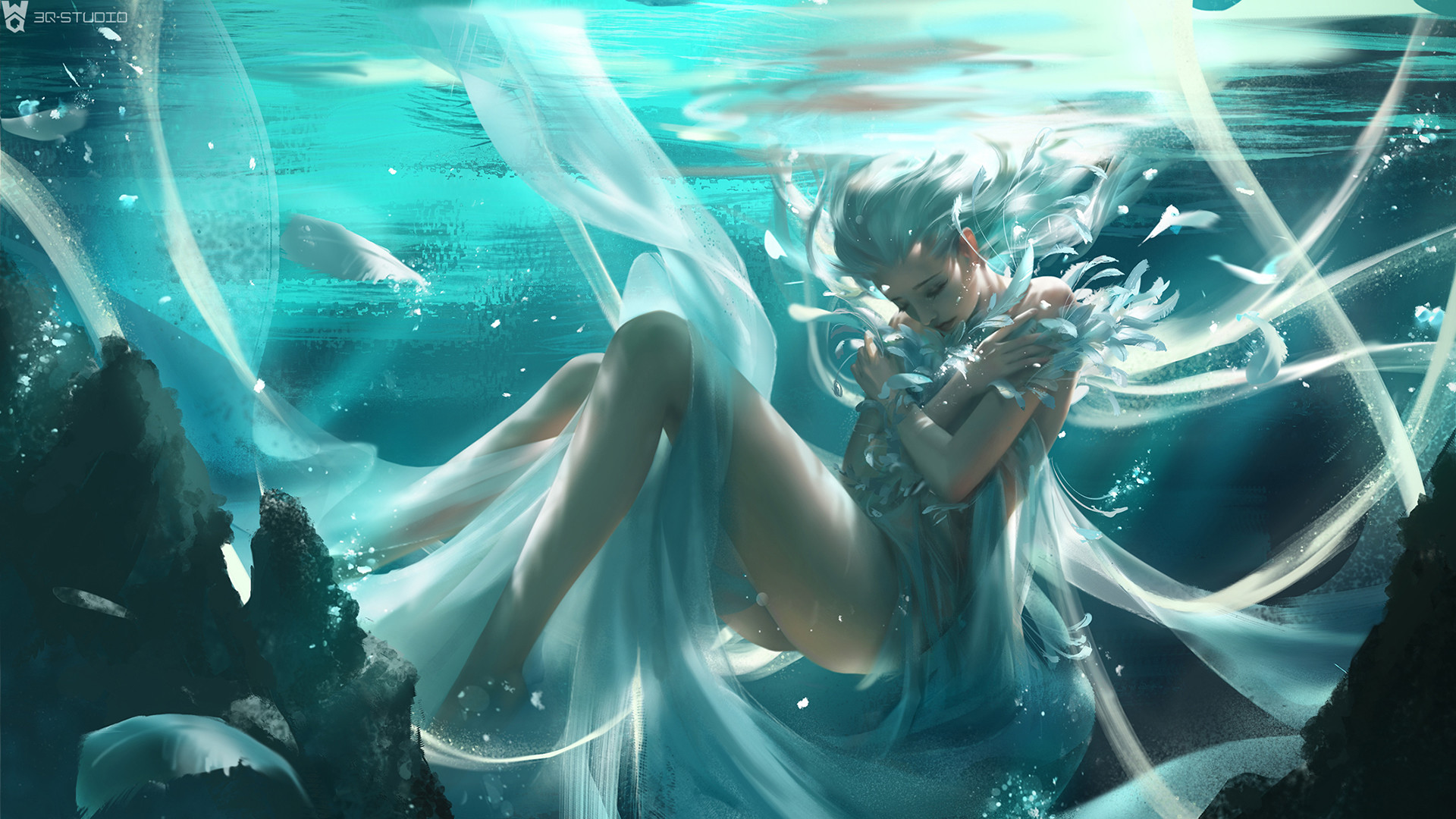 General 1920x1080 fantasy art underwater fantasy girl legs turquoise cyan