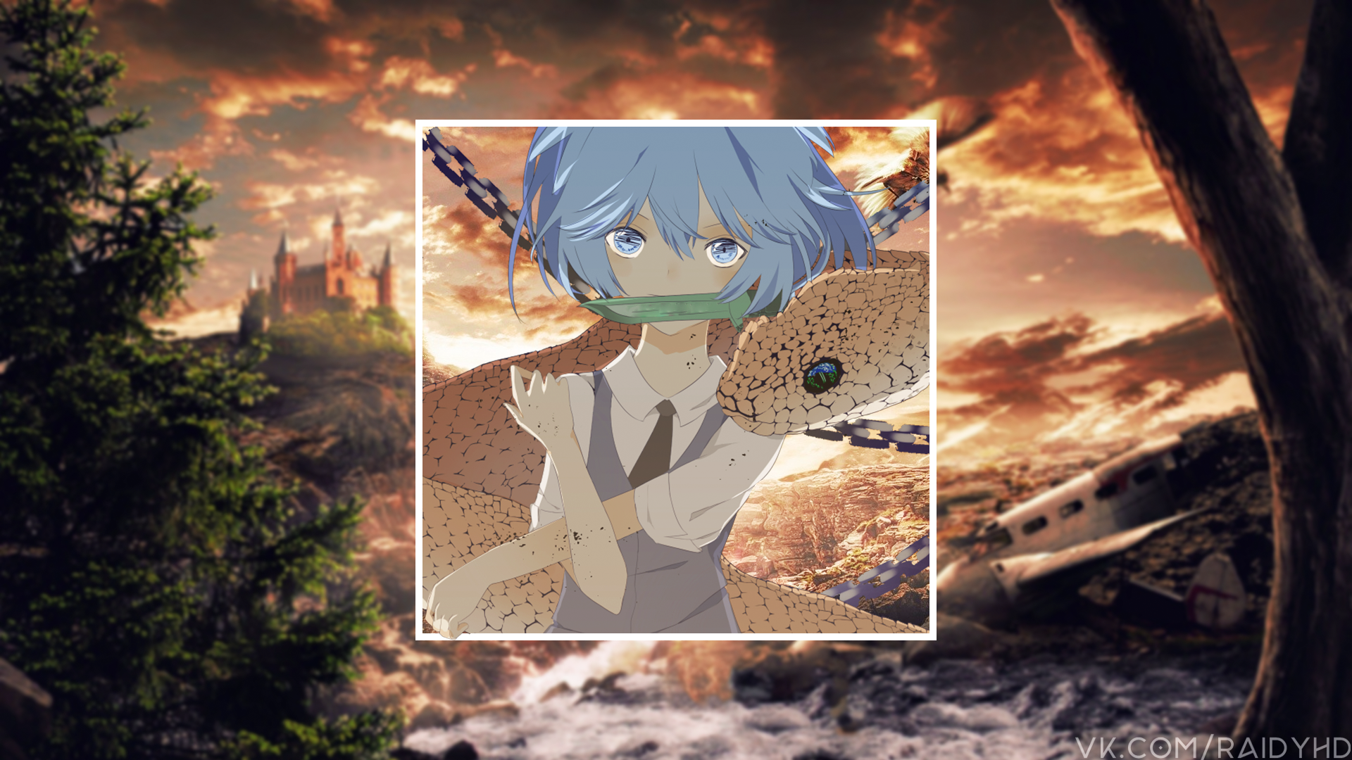Anime 1920x1080 anime picture-in-picture blue hair blue eyes short hair snake Ansatsu Kyoushitsu Shiota Nagisa watermarked