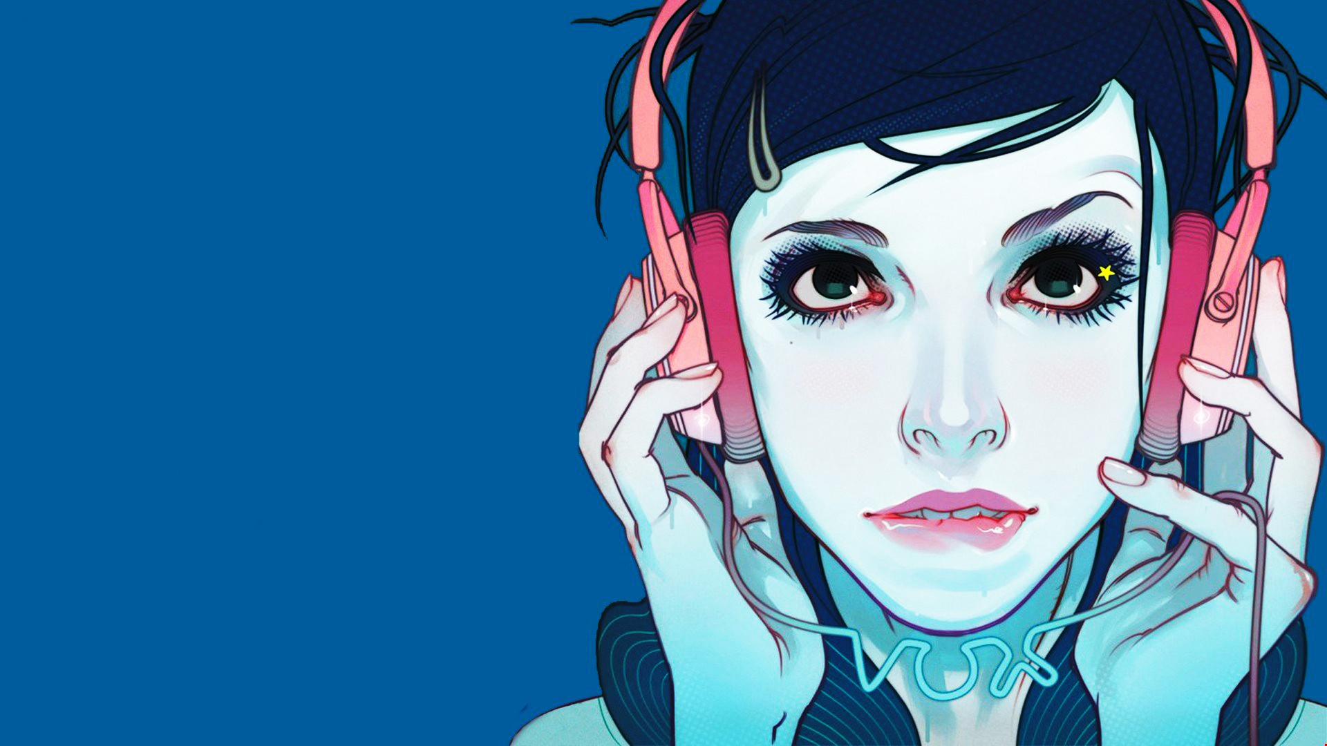 Anime 1920x1080 anime girls headphones blue DubstepGutter digital art artwork simple background cyan blue background face