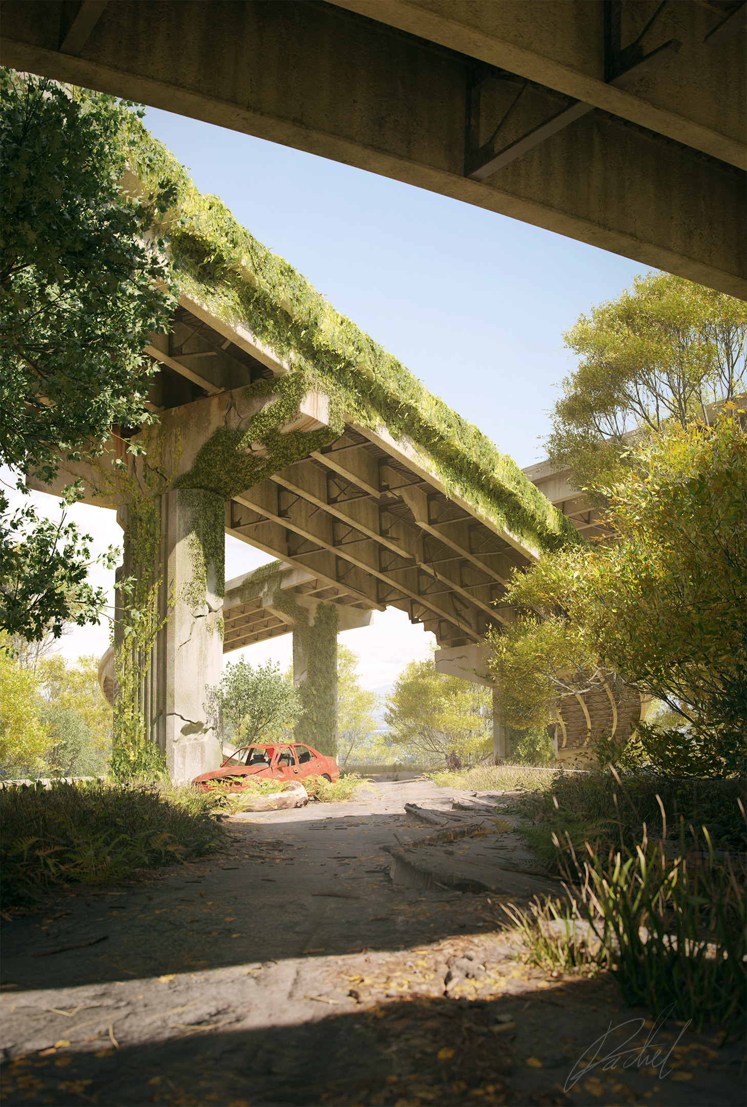 General 1458x2160 wreck futuristic apocalyptic car ruins plants artwork under bridge bridge