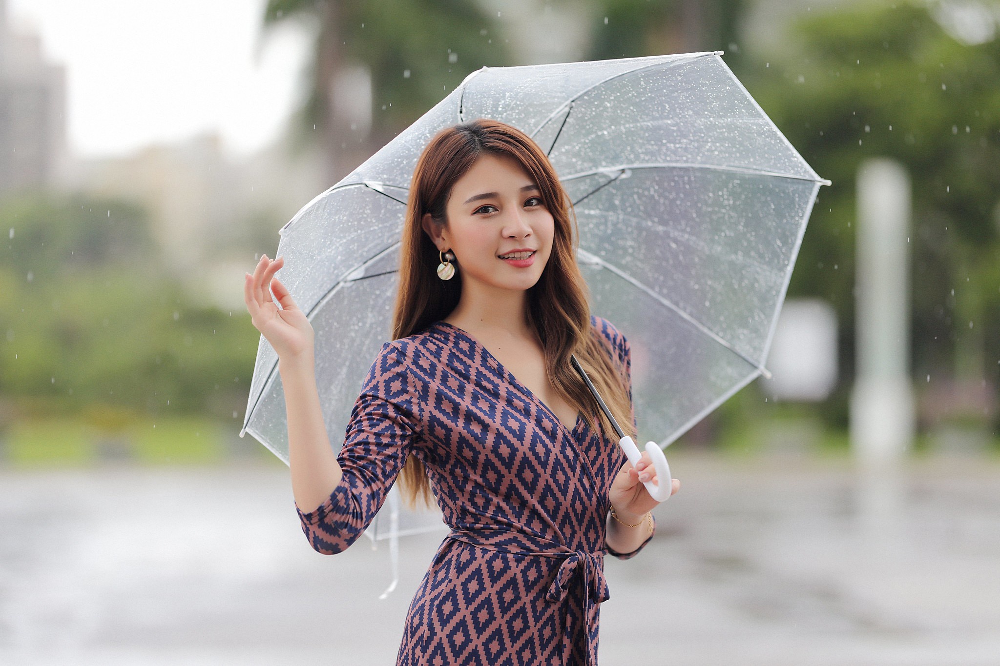 People 2048x1365 Asian model women long hair brunette umbrella rain depth of field