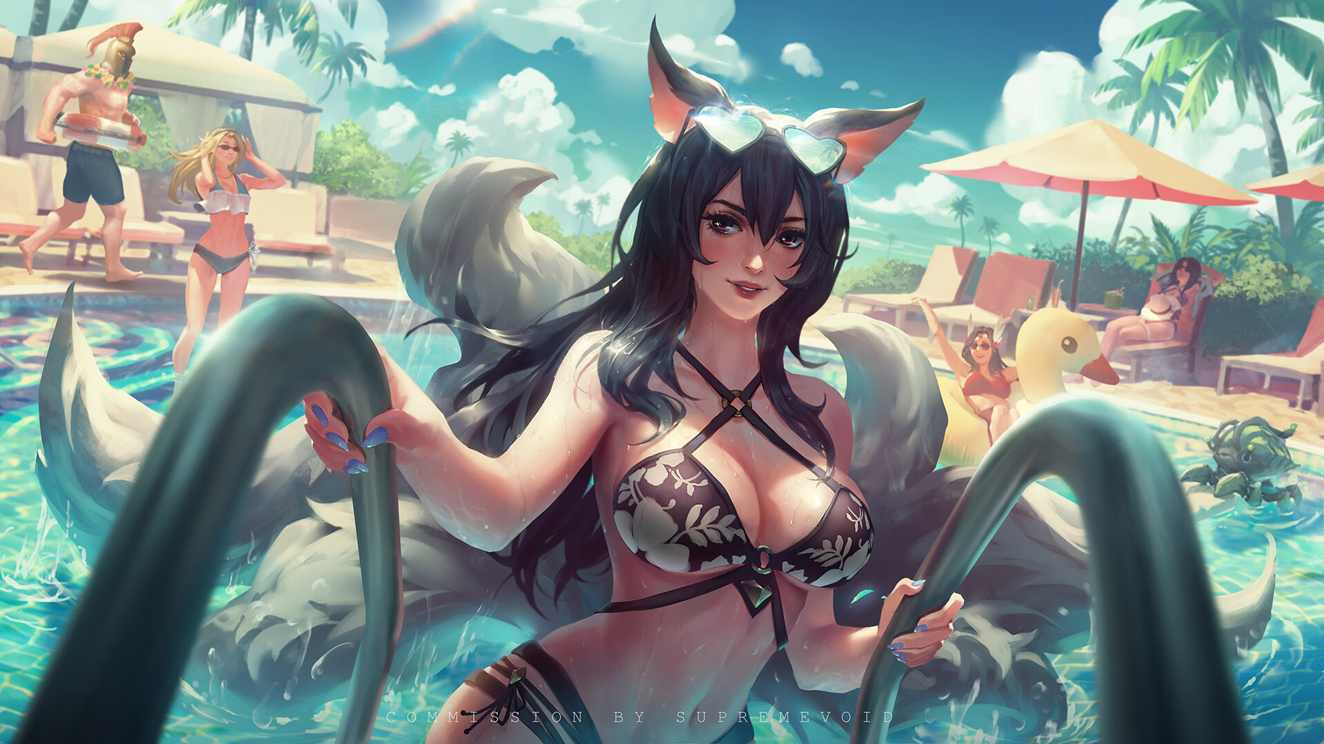 General 1920x1080 Ahri (League of Legends) looking away cat ears boobs glasses bikini swimwear illustration video game characters video game girls drawing artwork digital art Caitlyn (League of Legends) happy sky clouds Pantheon (League of Legends) belly wet body