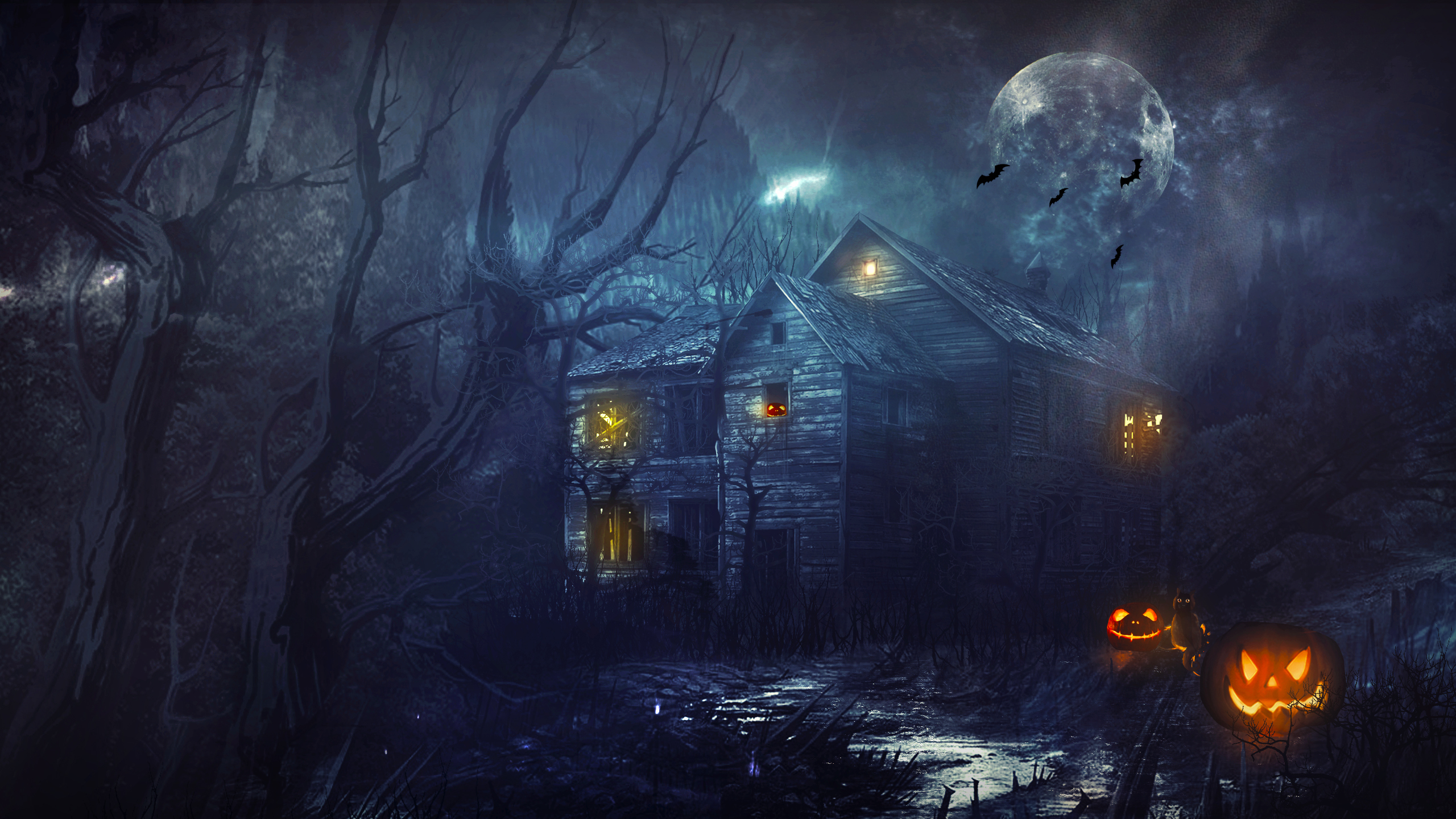 General 2560x1440 house creepy mist trees Moon Halloween bats pumpkin faded rain digital art