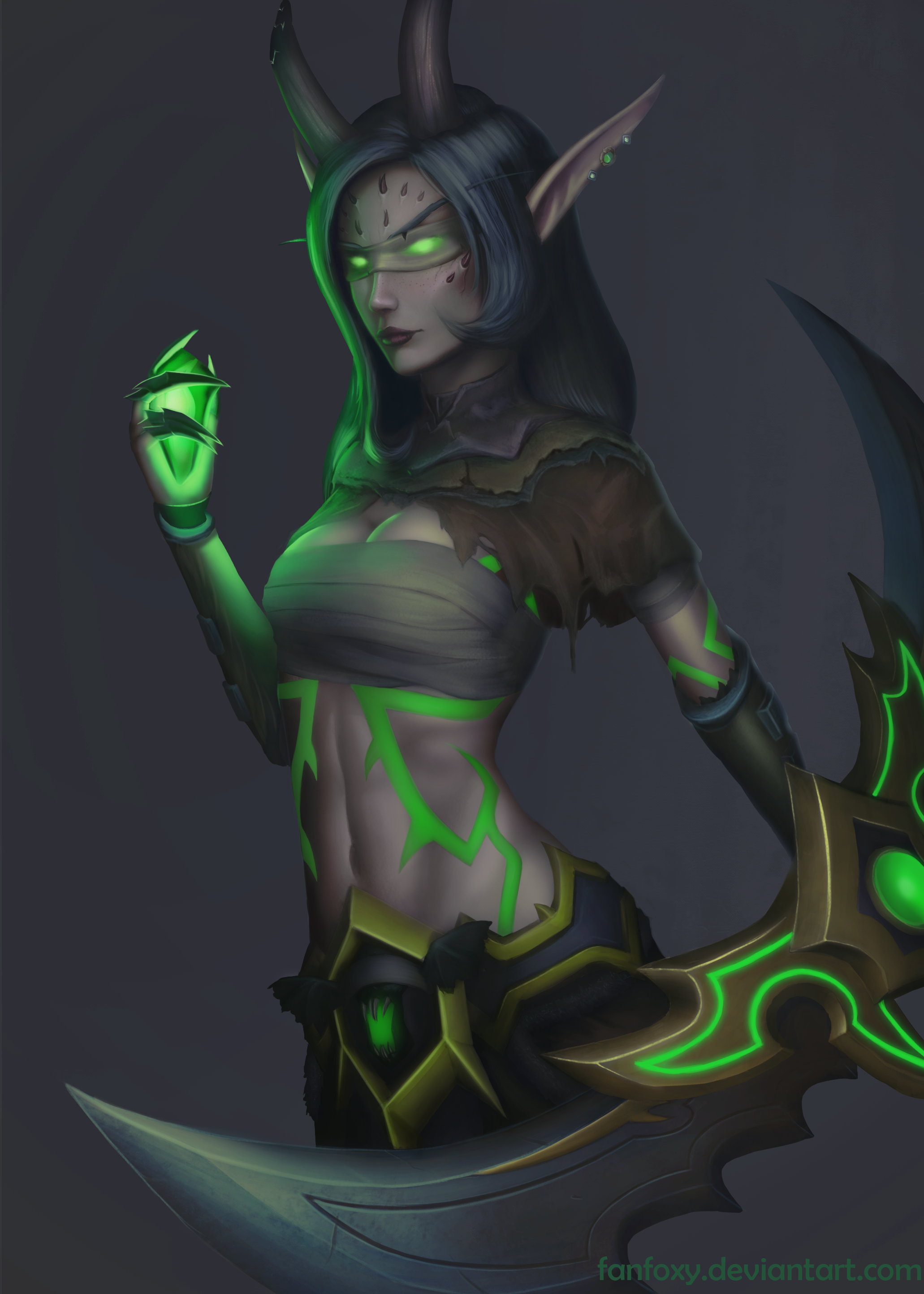General 2062x2887 Fanfoxy drawing women Warcraft Demon Hunter tattoo green eyes glowing eyes bandages horns blood elves pointy ears weapon blades glowing spell armor magic long hair simple background