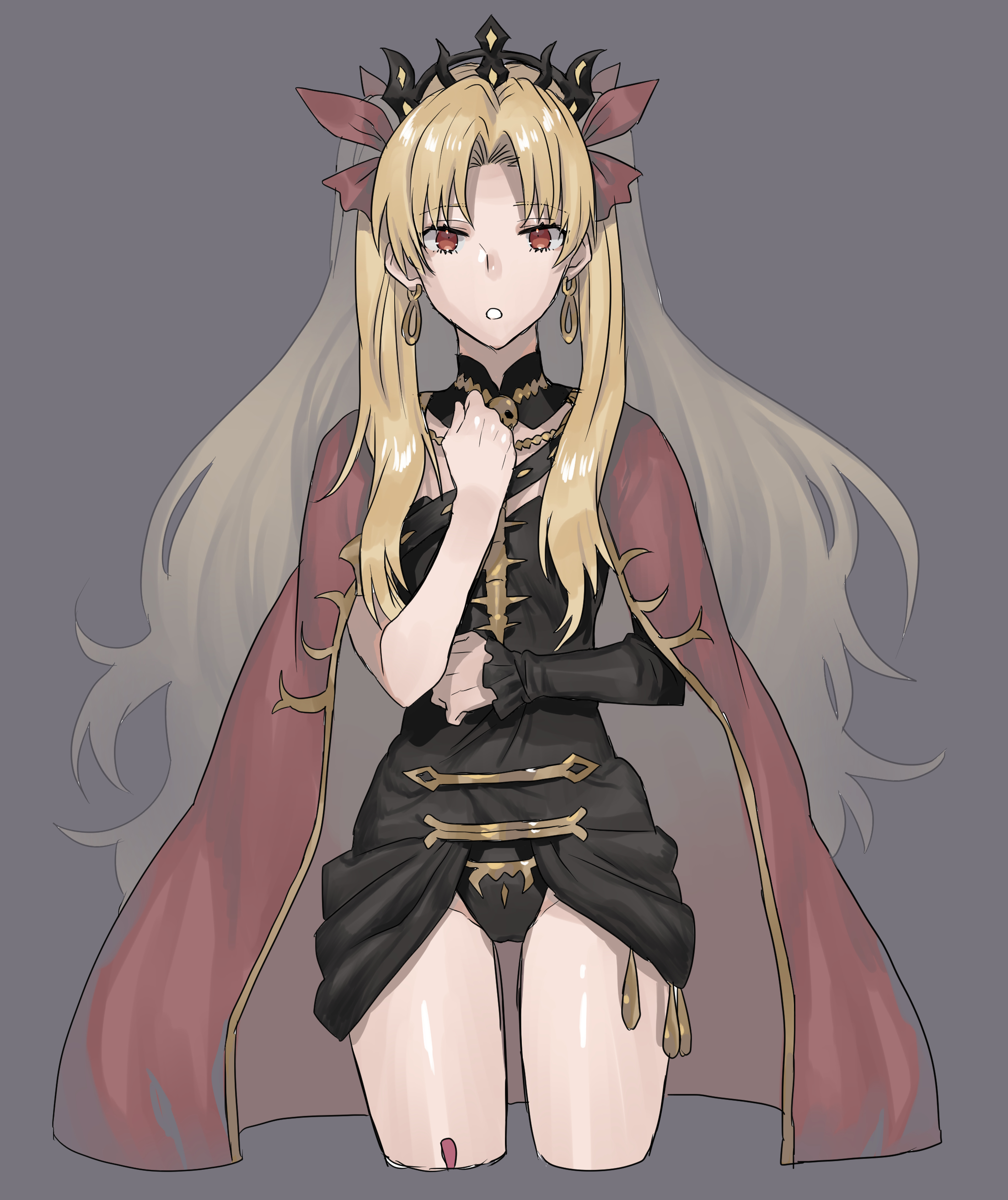 Anime 2204x2624 Fate series Fate/Grand Order anime girls small boobs long hair 2D thighs the gap twintails cape crown Ereshkigal (Fate/Grand Order) curvy red eyes simple background looking at viewer fan art red ribbon blonde