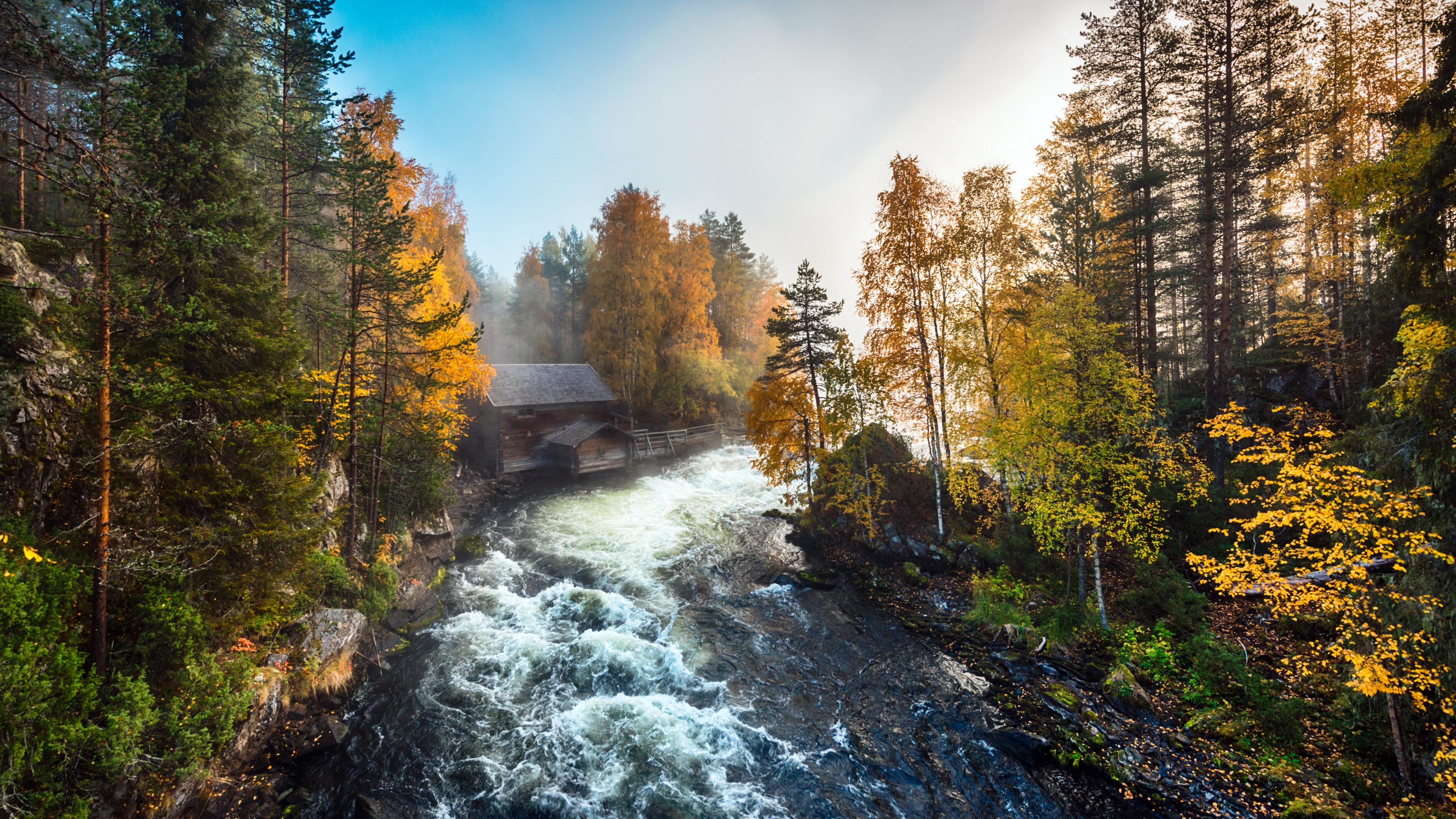 General 3840x2160 water outdoors river nature Finland trees fall mist morning