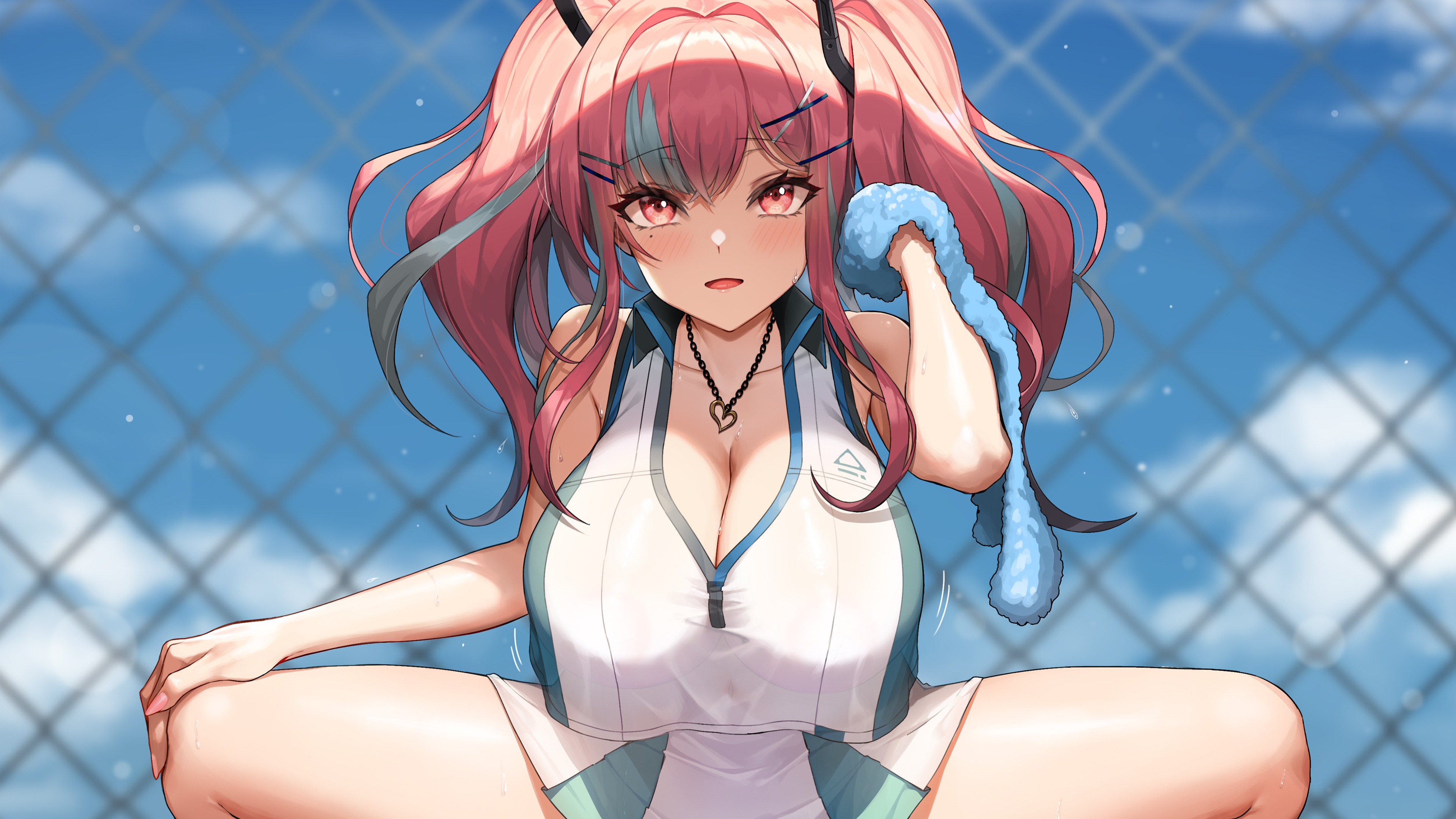 Anime 3840x2160 anime anime girls digital art artwork 2D portrait Azur Lane Bremerton (Azur Lane) frontal view multi-colored hair red eyes see-through clothing no bra cleavage Greem Bang huge breasts redhead necklace open mouth sportswear cropped