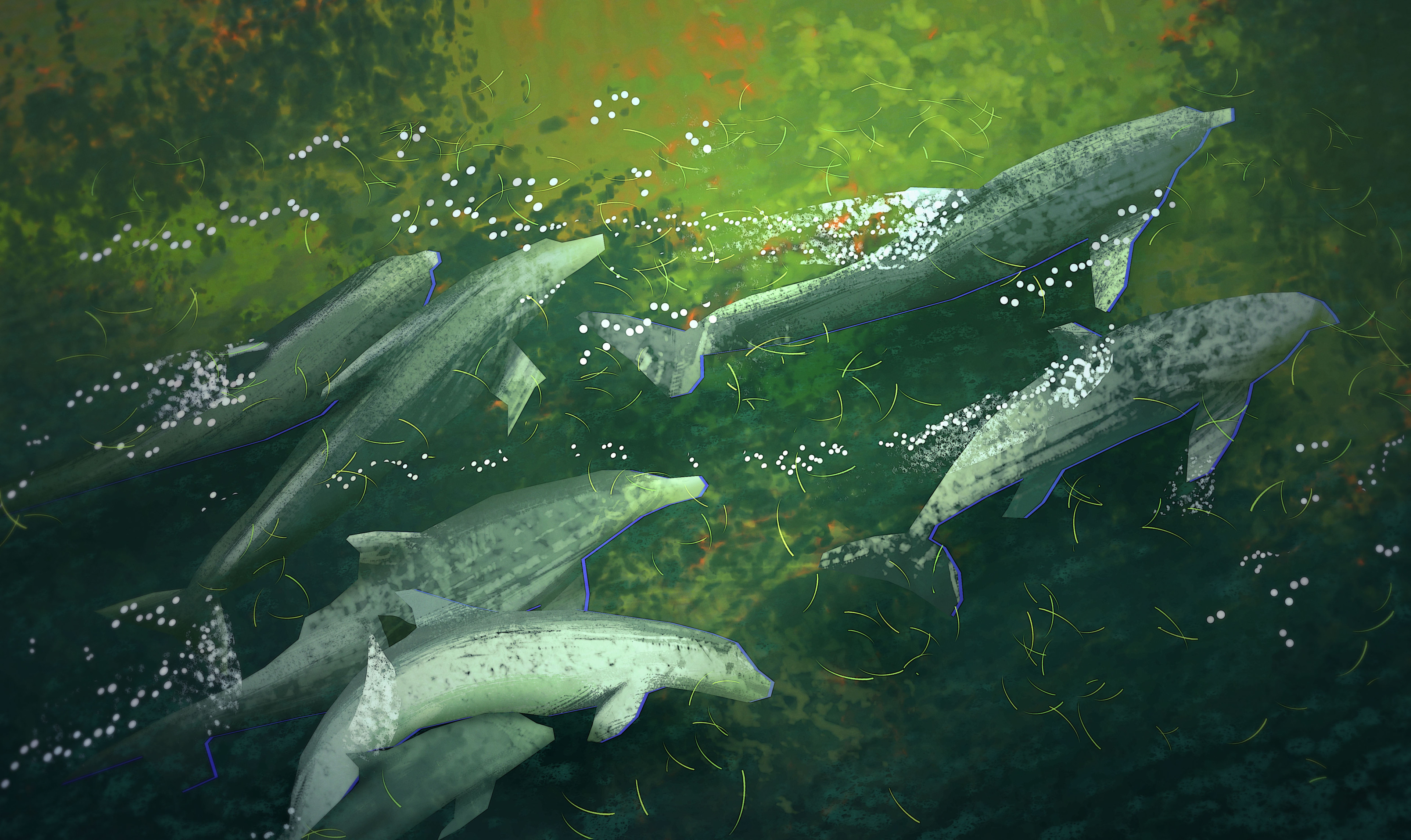 General 3840x2287 Henry Wong concept art digital art field flowers dog dolphin water sea shoal of fish illustration green
