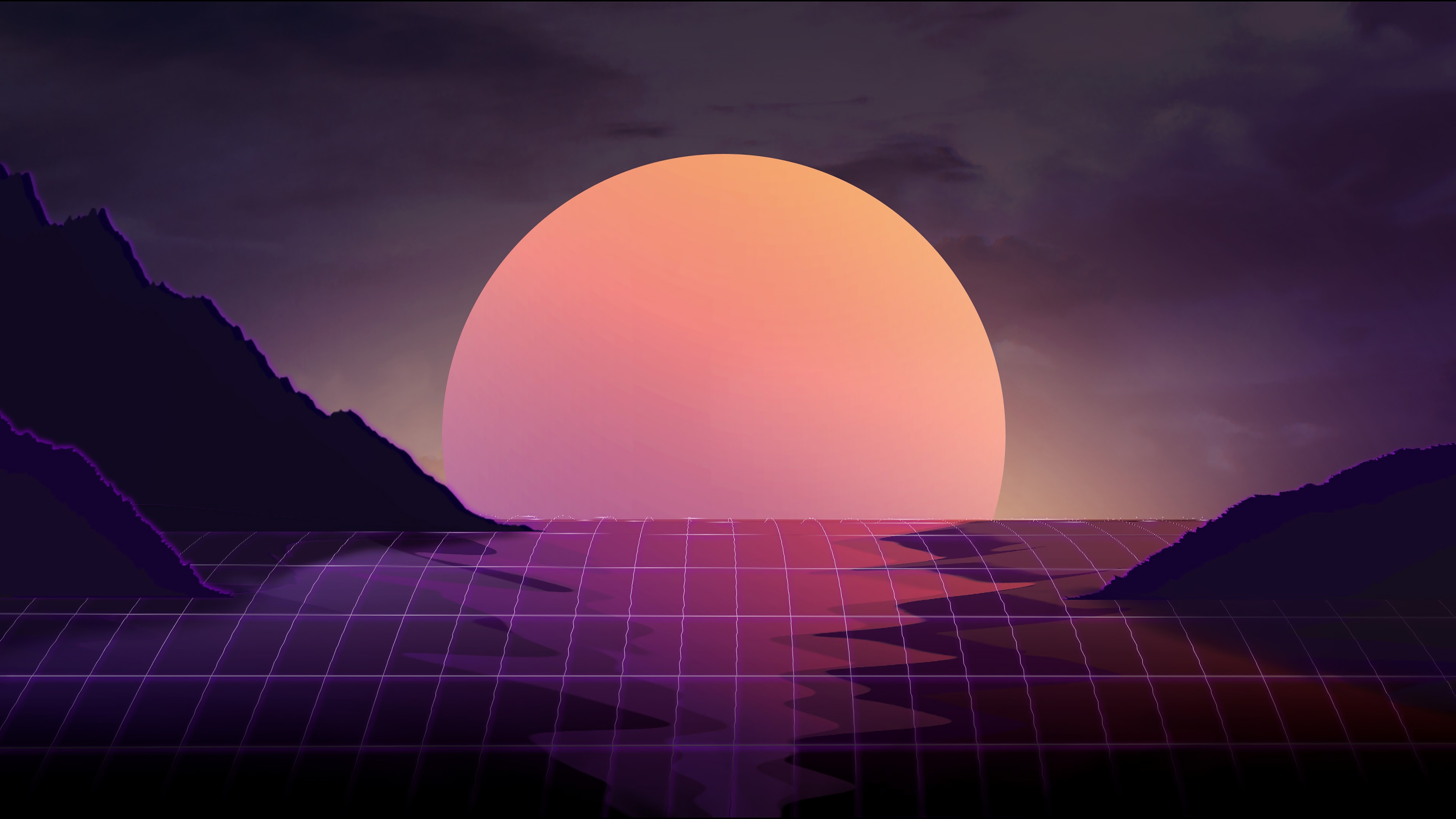 General 3840x2160 minimalism mountains river clouds Sun water ripples neon retrowave