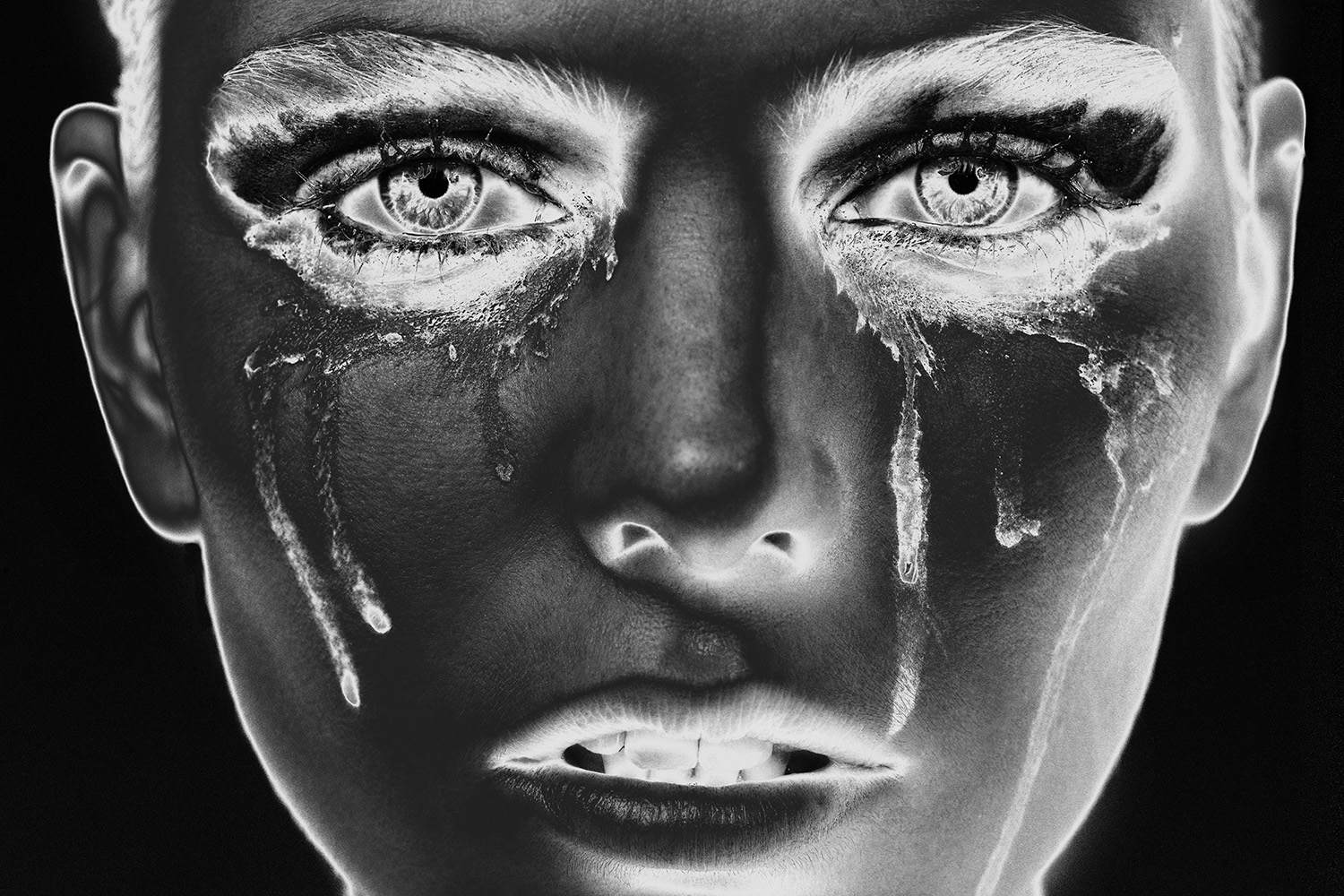 People 1500x1000 women model face looking at viewer monochrome negative open mouth mascara crying simple background black background dark background eyes ears nose closeup mouth white eyebrows