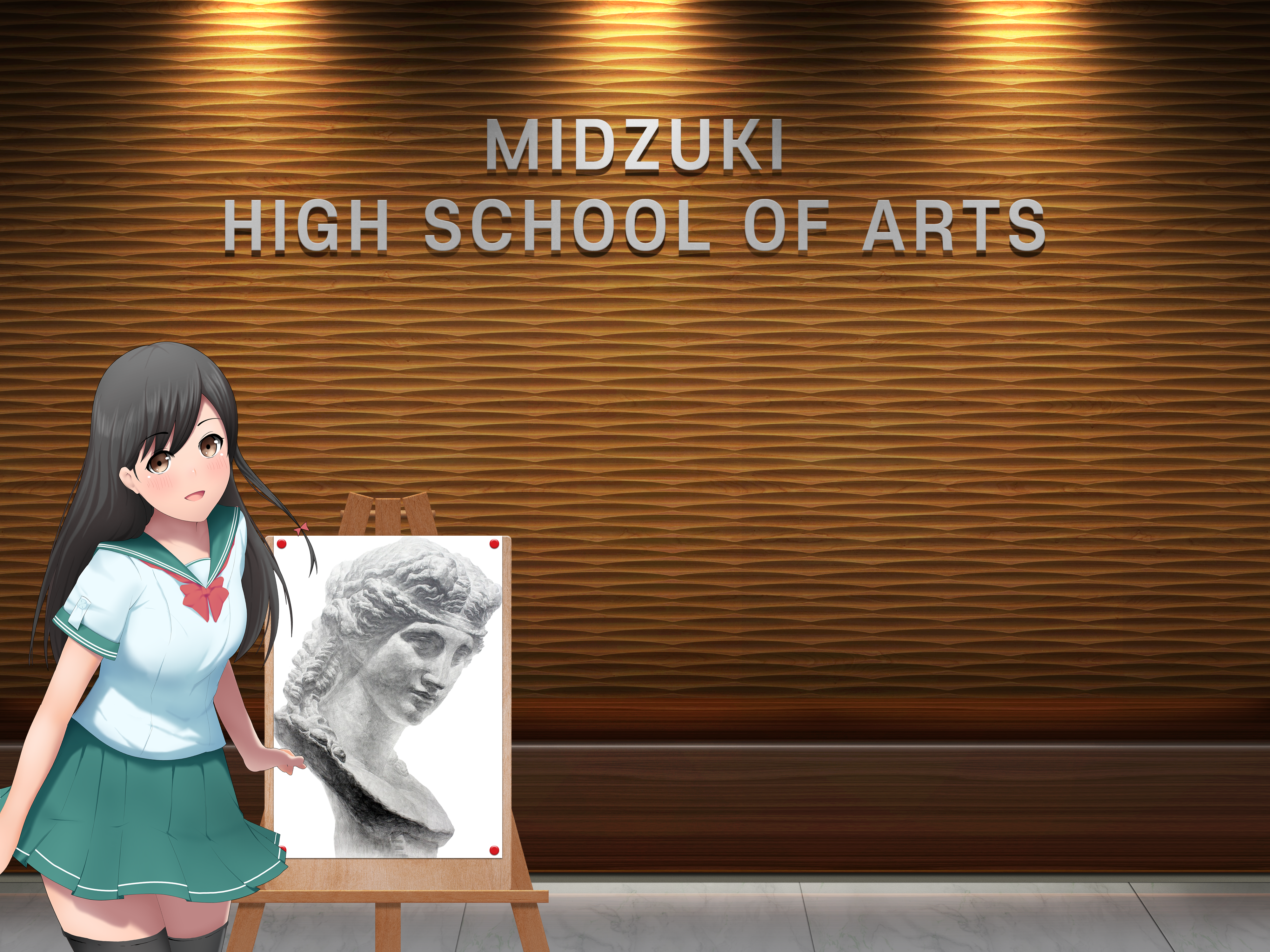 Anime 4000x3000 school schoolgirl wall ceiling lights easel texture anime anime girls miniskirt dark hair