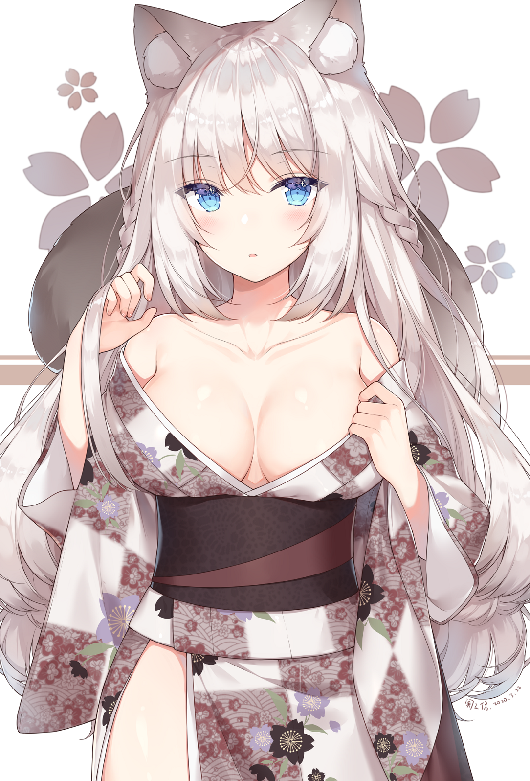 Anime 1084x1596 anime anime girls digital art artwork 2D portrait display frontal view Ayuanlv animal ears tail silver hair long hair blue eyes blushing Japanese clothes bare shoulders cleavage