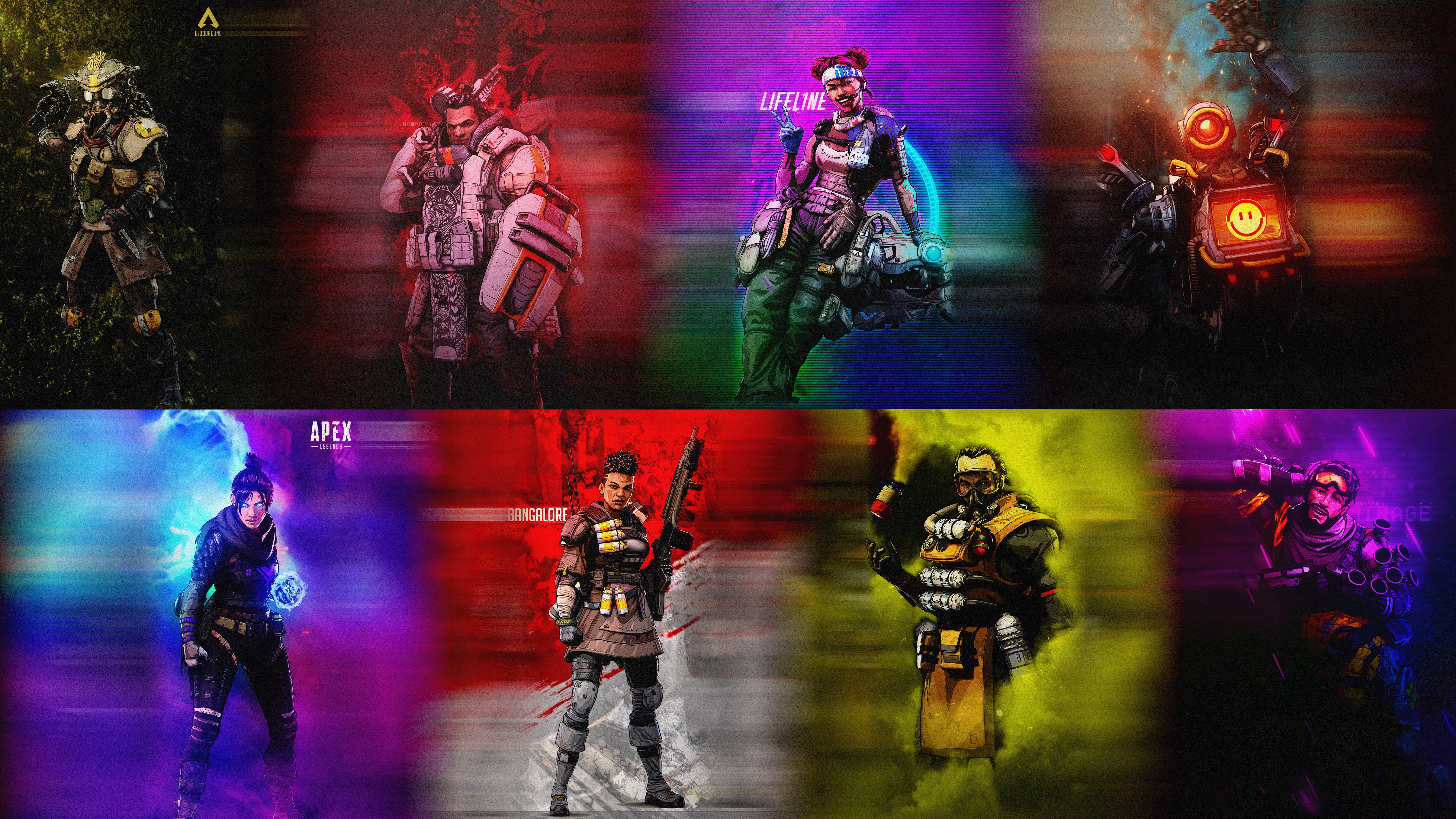 General 6827x3840 Apex Legends video game art collage PC gaming video game characters Bloodhound (Apex Legends) Gibraltar (Apex Legends) Lifeline (Apex Legends) Pathfinder (Apex Legends) Wraith (Apex Legends) Bangalore (Apex Legends) Caustic (Apex Legends) Mirage (Apex Legends)