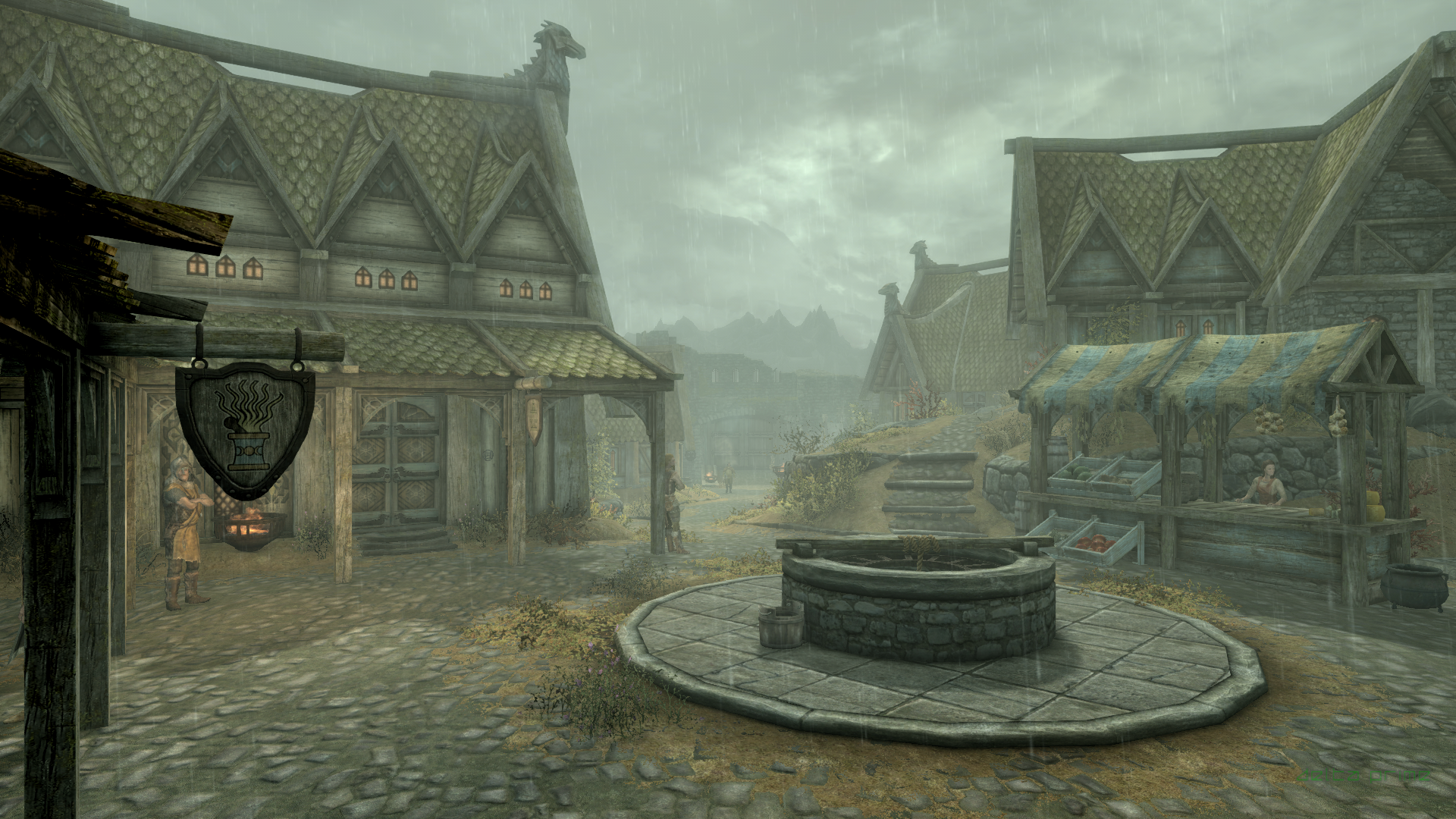 General 1920x1080 Skyrim Remastered The Elder Scrolls V: Skyrim PC gaming screen shot Whiterun rain overcast Market