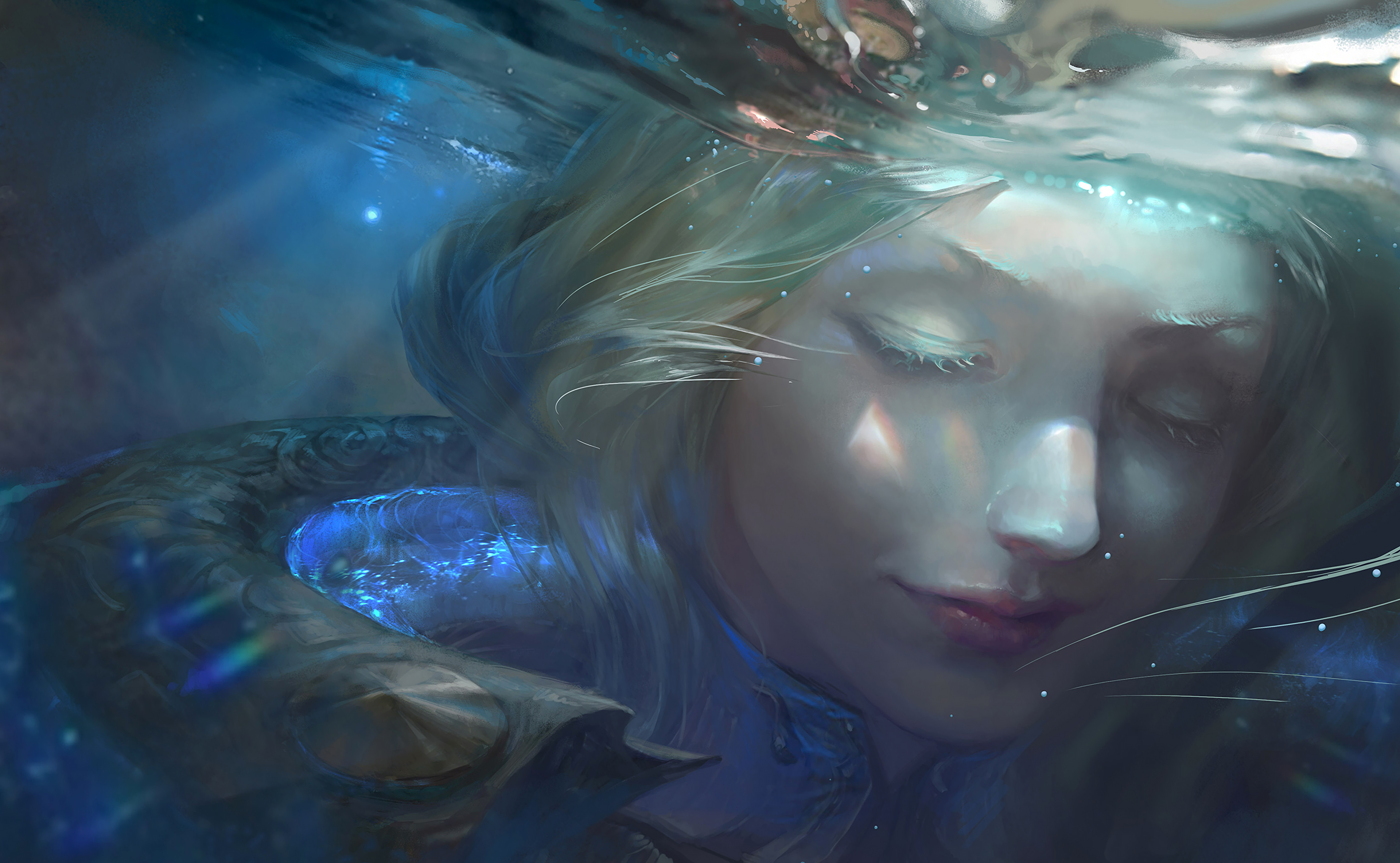 General 3840x2368 League of Legends original characters video game characters face blonde video game art closeup PC gaming underwater closed eyes women video game girls fantasy art fantasy girl