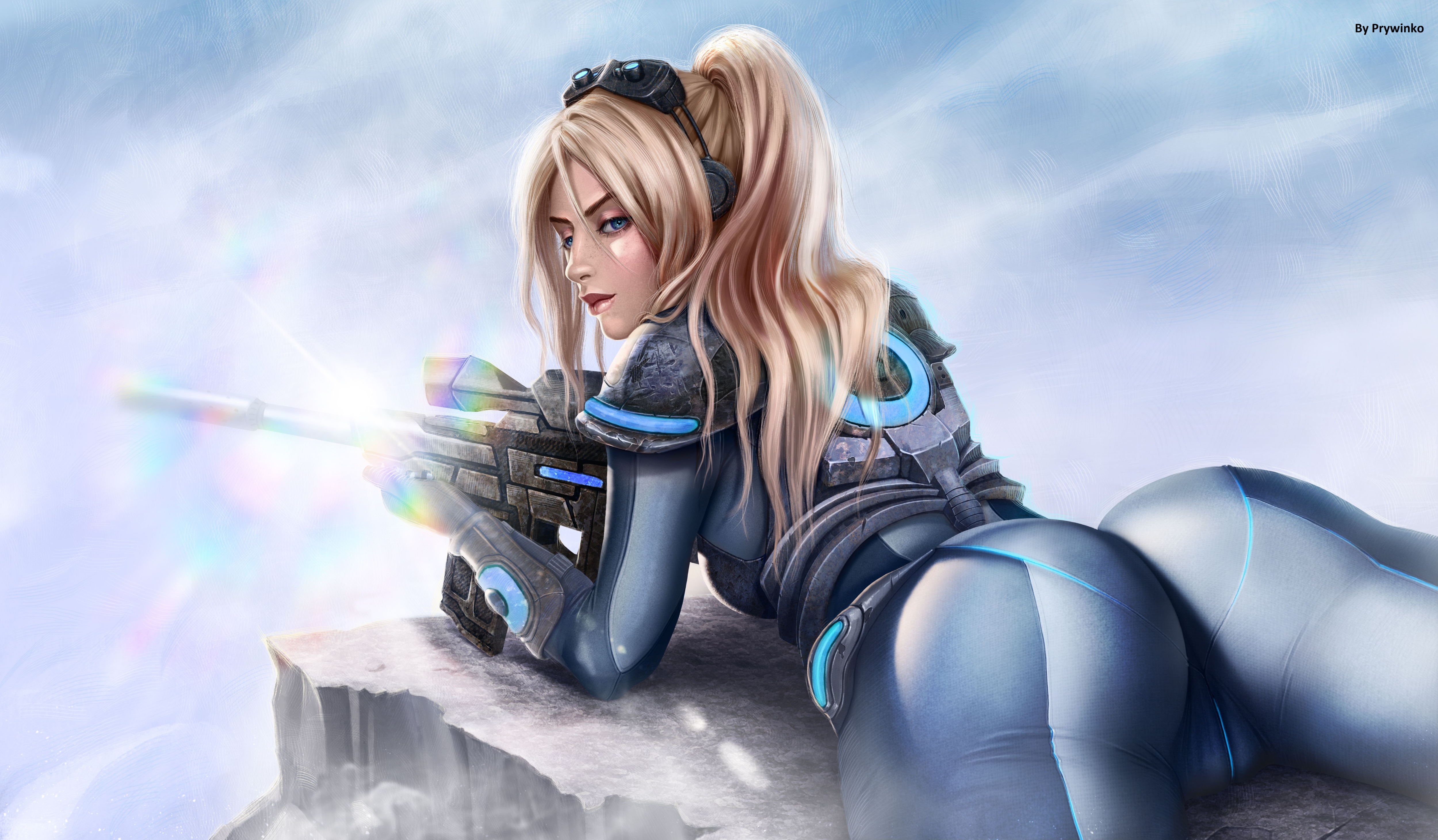 General 5000x2922 Nova (Starcraft) StarCraft video games video game characters ponytail blonde blue eyes looking at viewer rifles sniper rifle weapon armor tight clothing sky ass rear view video game girls artwork drawing digital art fan art Prywinko lens flare curvy bright