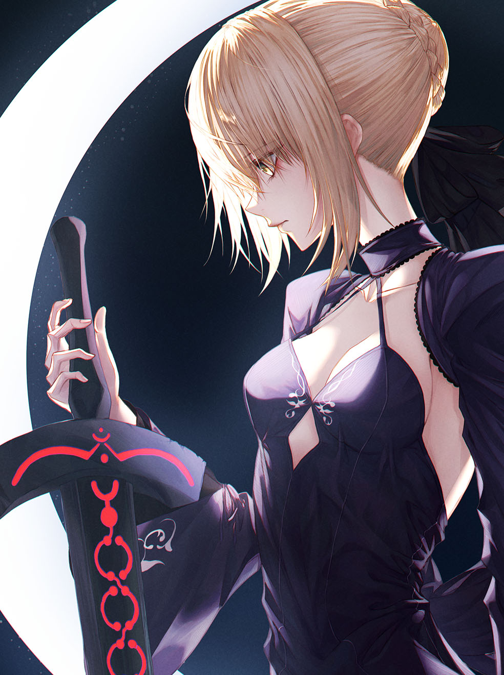 Anime 984x1317 Fate series Fate/Grand Order Fate/Stay Night fate/stay night: heaven's feel anime girls 2D fan art portrait display black dress small boobs fantasy weapon yellow eyes cleavage sword Saber Alter blonde Artoria Pendragon